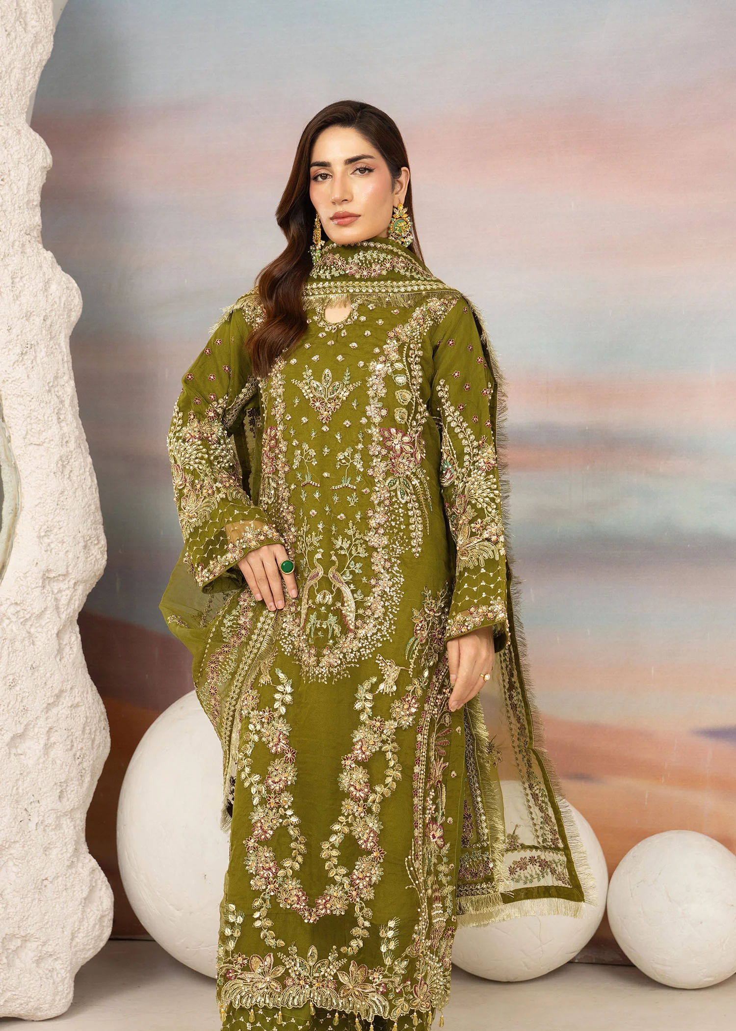 organza Kurta Set in Olive green - view 4
