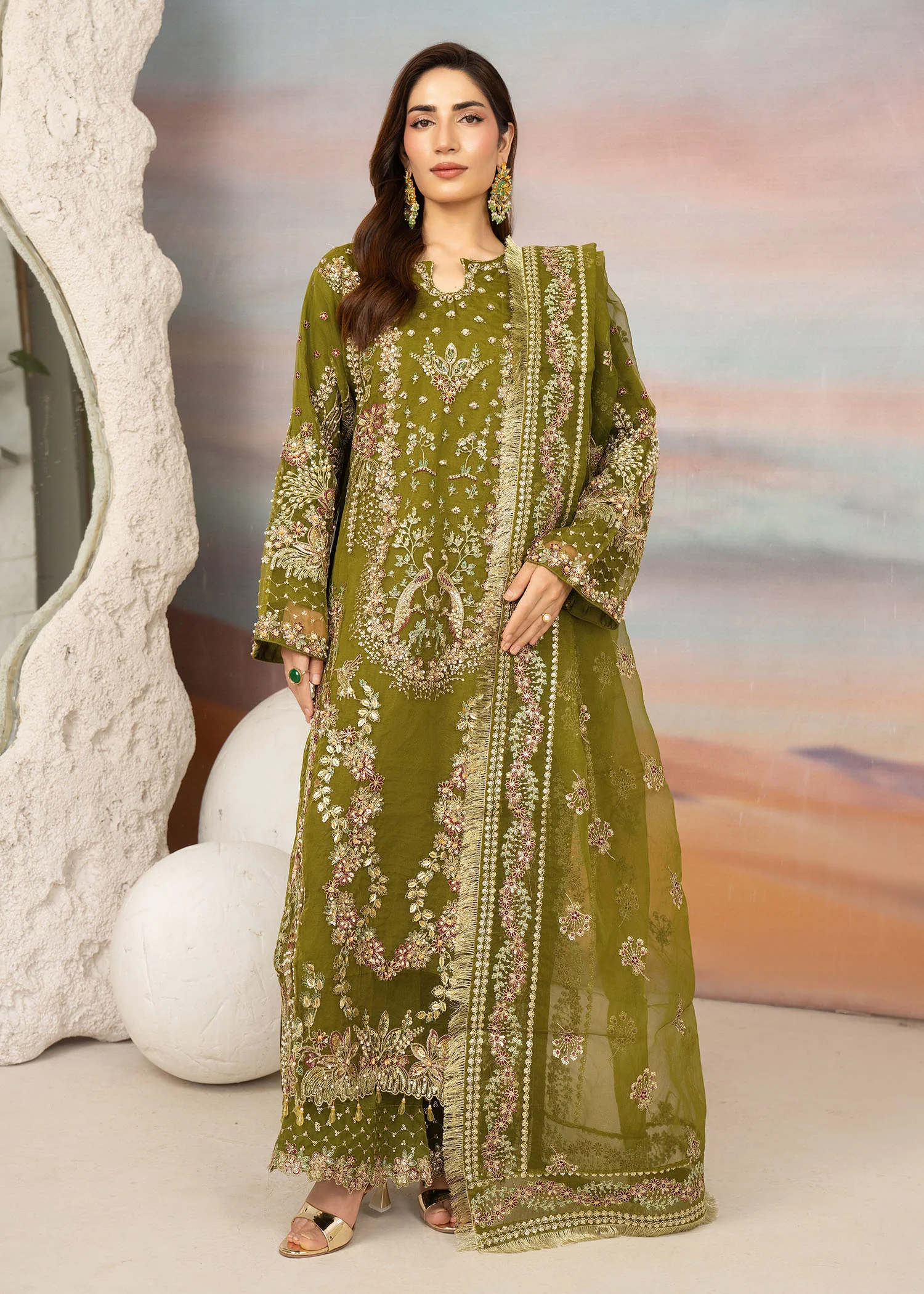 organza Kurta Set in Olive green - view 2