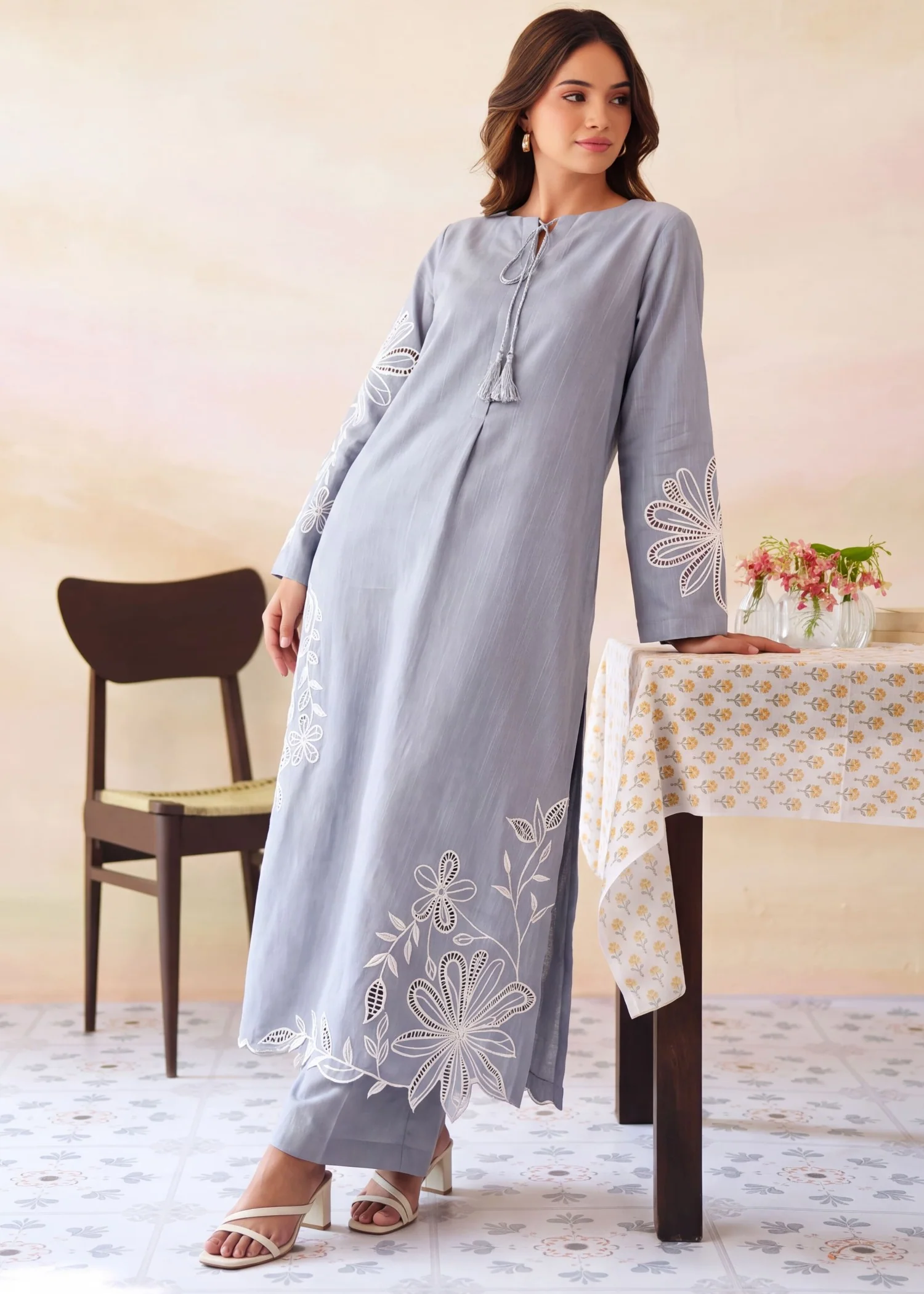 khaddar Kurta Set in Ash grey