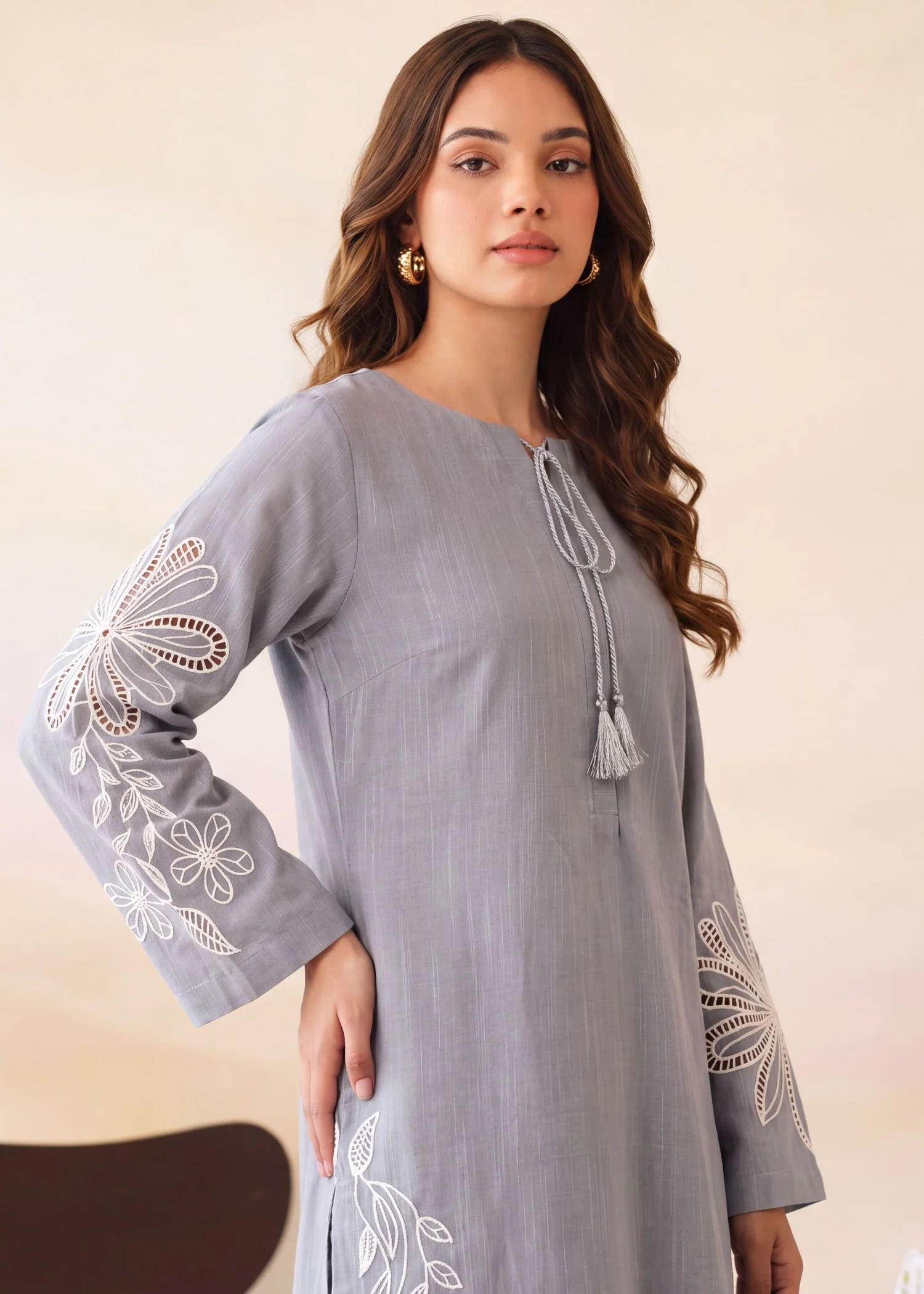 khaddar Kurta Set in Ash grey - view 3
