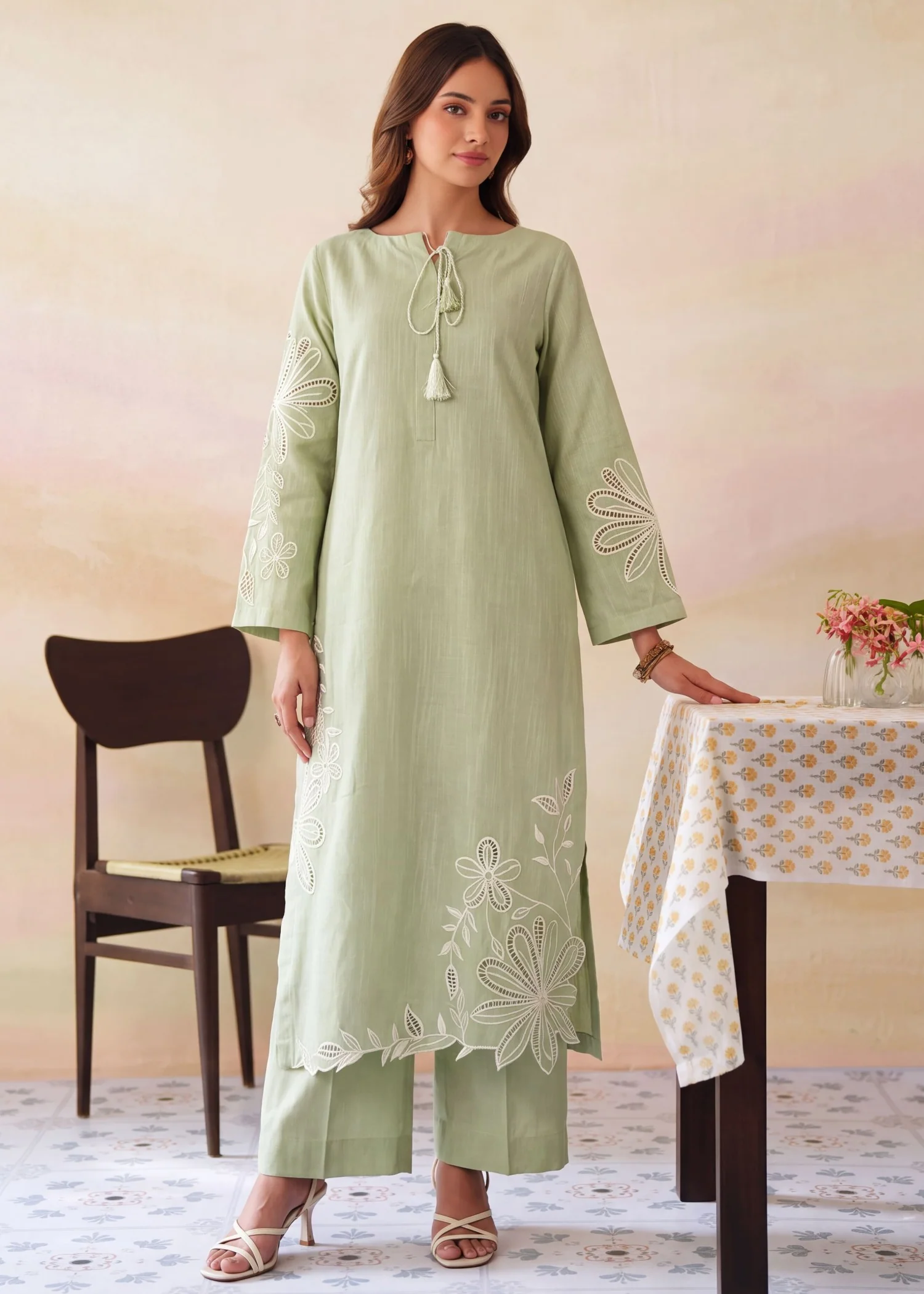 khaddar Kurta Set in Pistachio green