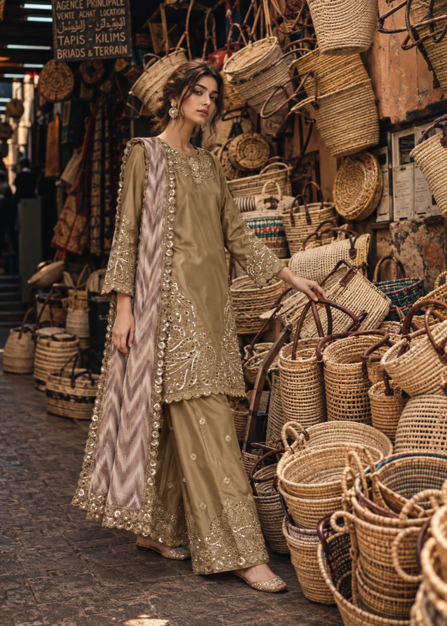 pk charmuse silk Kurta Set in Camel brown - view 3