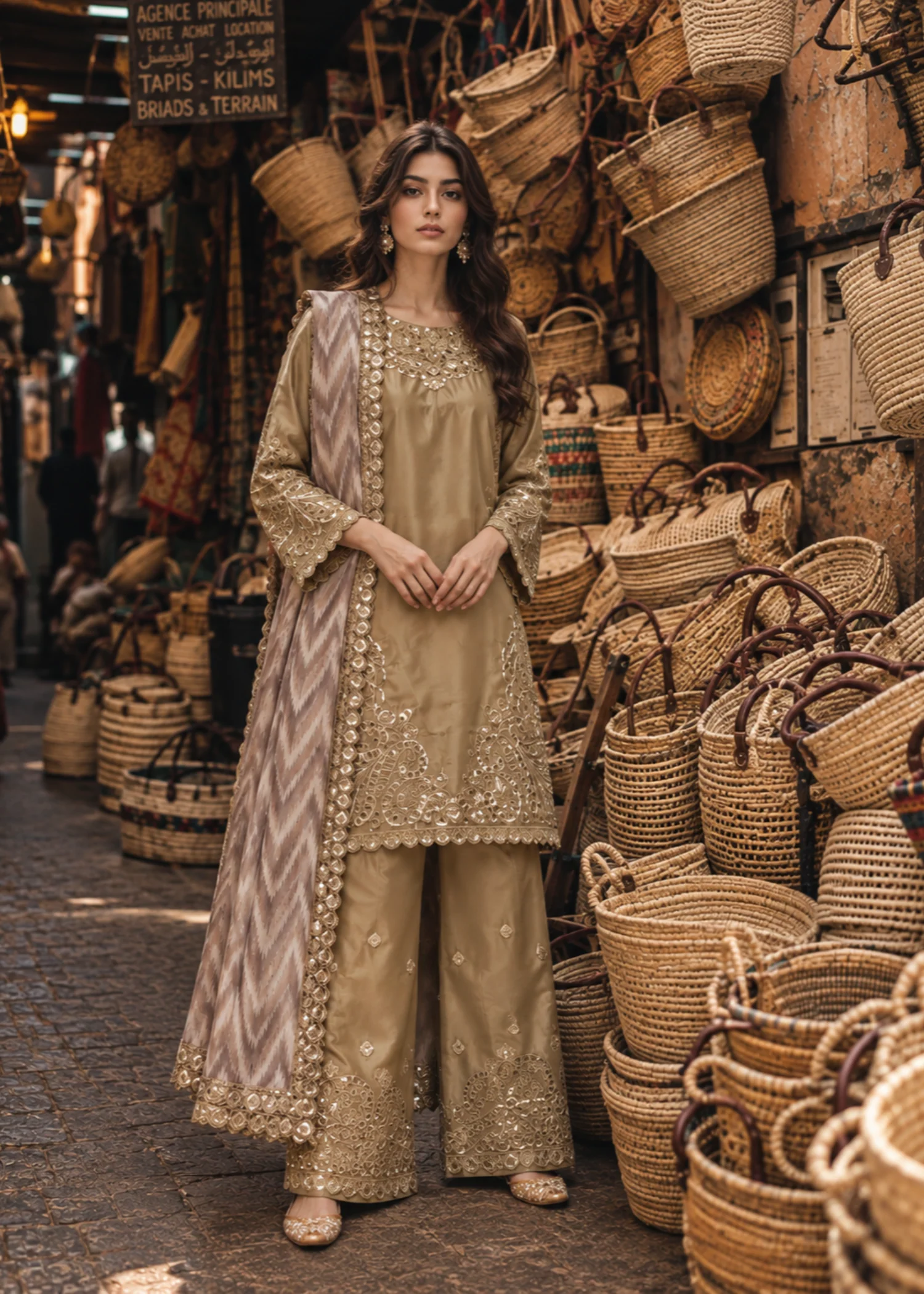 pk charmuse silk Kurta Set in Camel brown