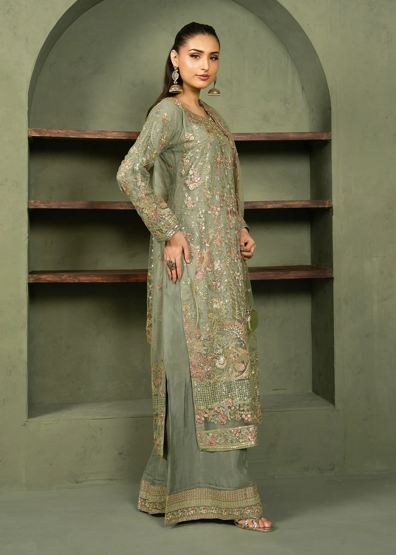 net Kurta Set in Green, grey - view 5