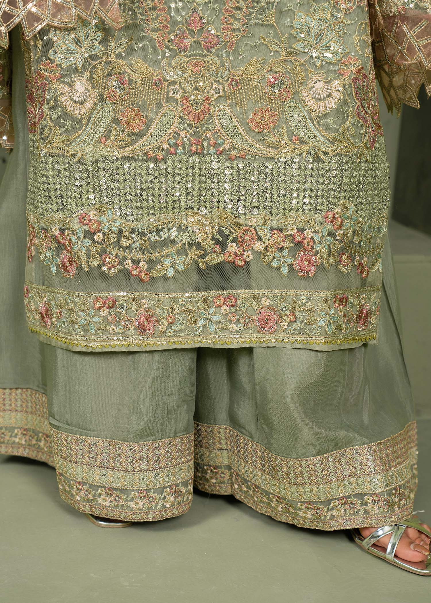 net Kurta Set in Green, grey - view 8