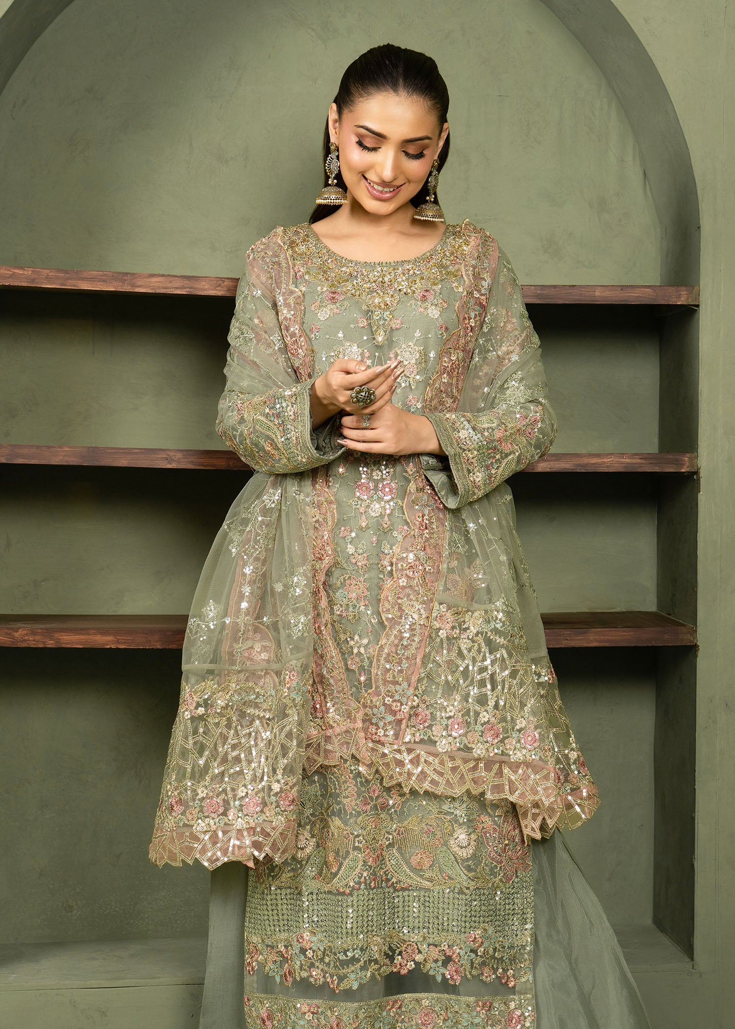 net Kurta Set in Green, grey - view 4