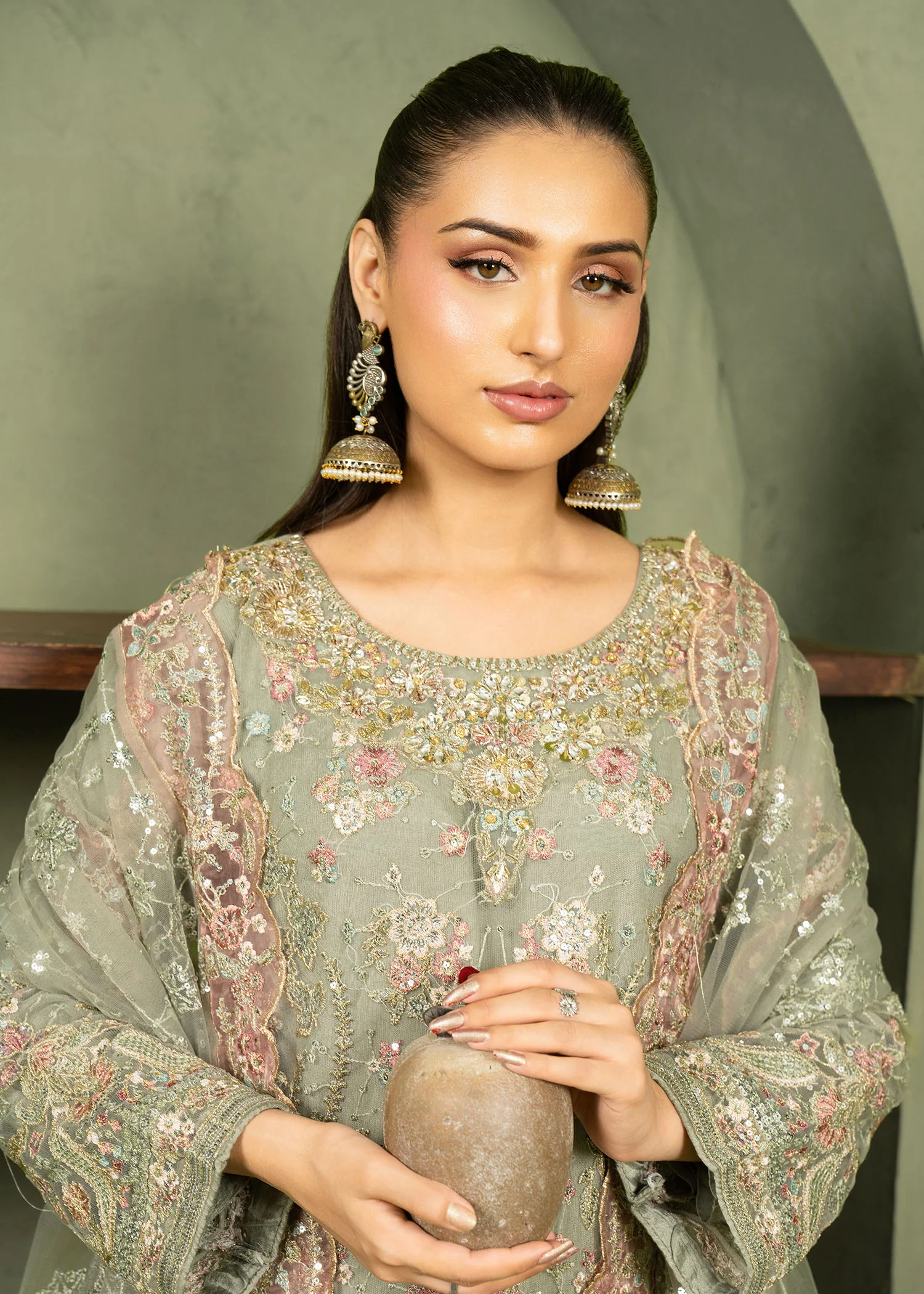 net Kurta Set in Green, grey - view 7