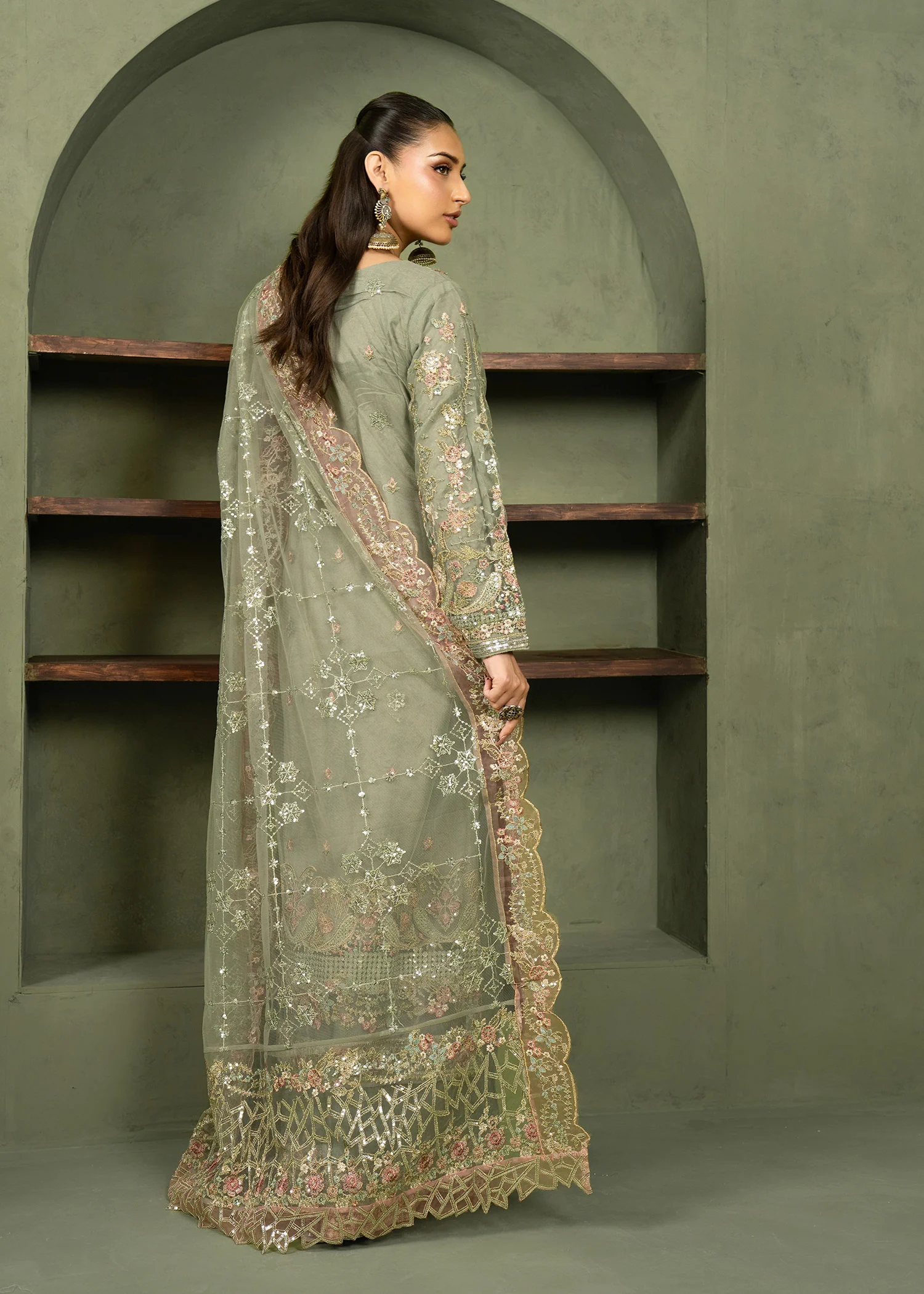net Kurta Set in Green, grey - view 3