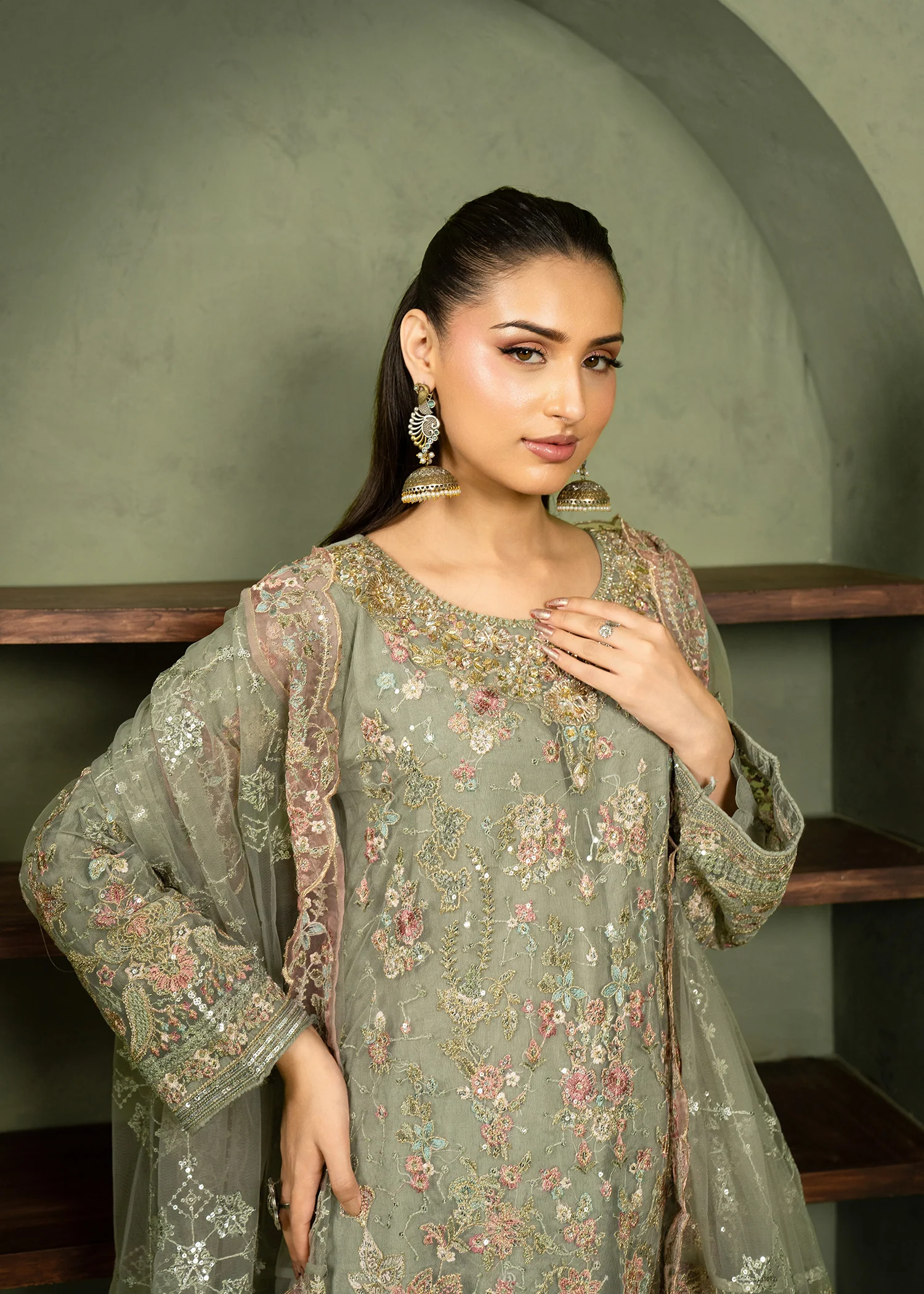 net Kurta Set in Green, grey - view 6
