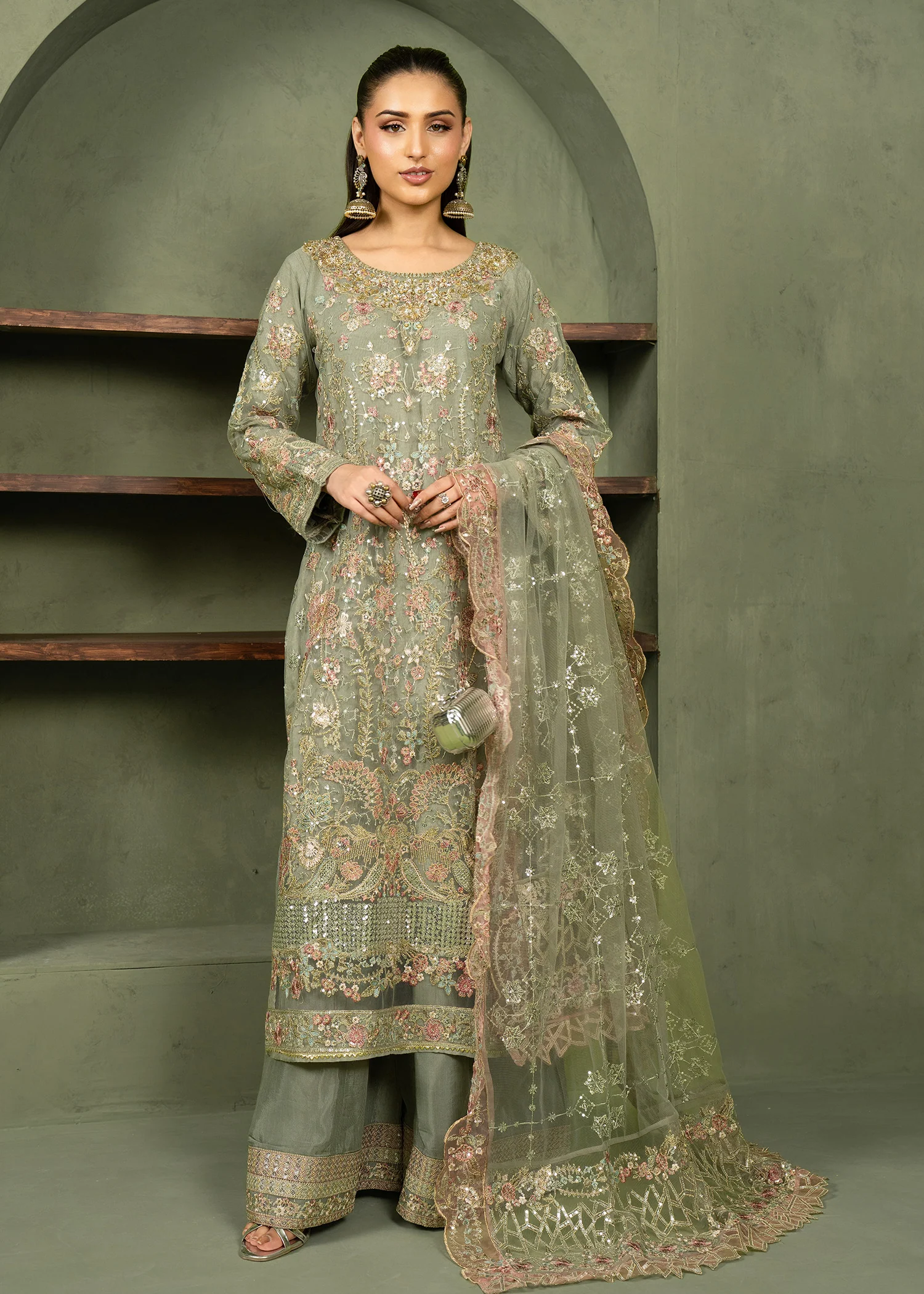 net Kurta Set in Green, grey - view 2