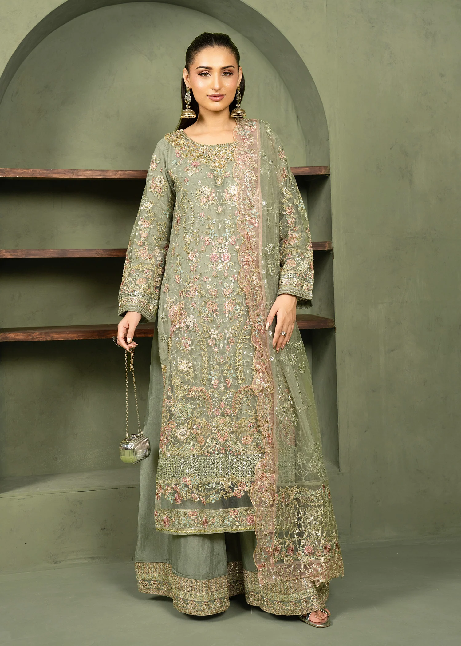 net Kurta Set in Green, grey