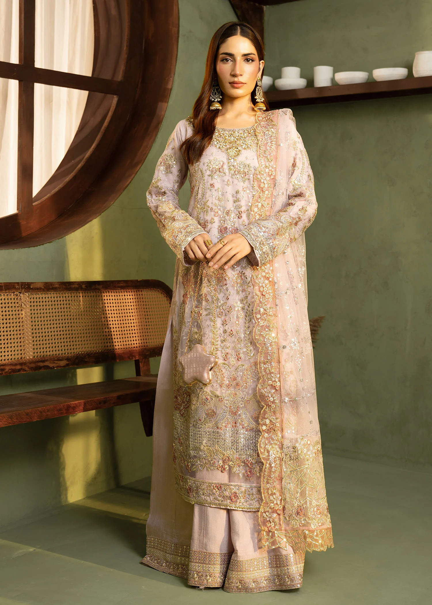 net Kurta Set in Lilac