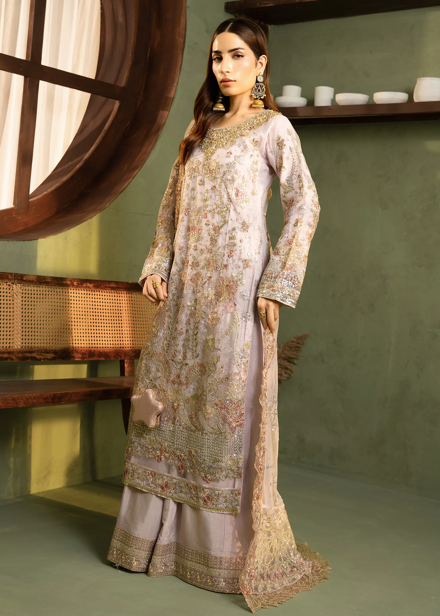 net Kurta Set in Lilac - view 7