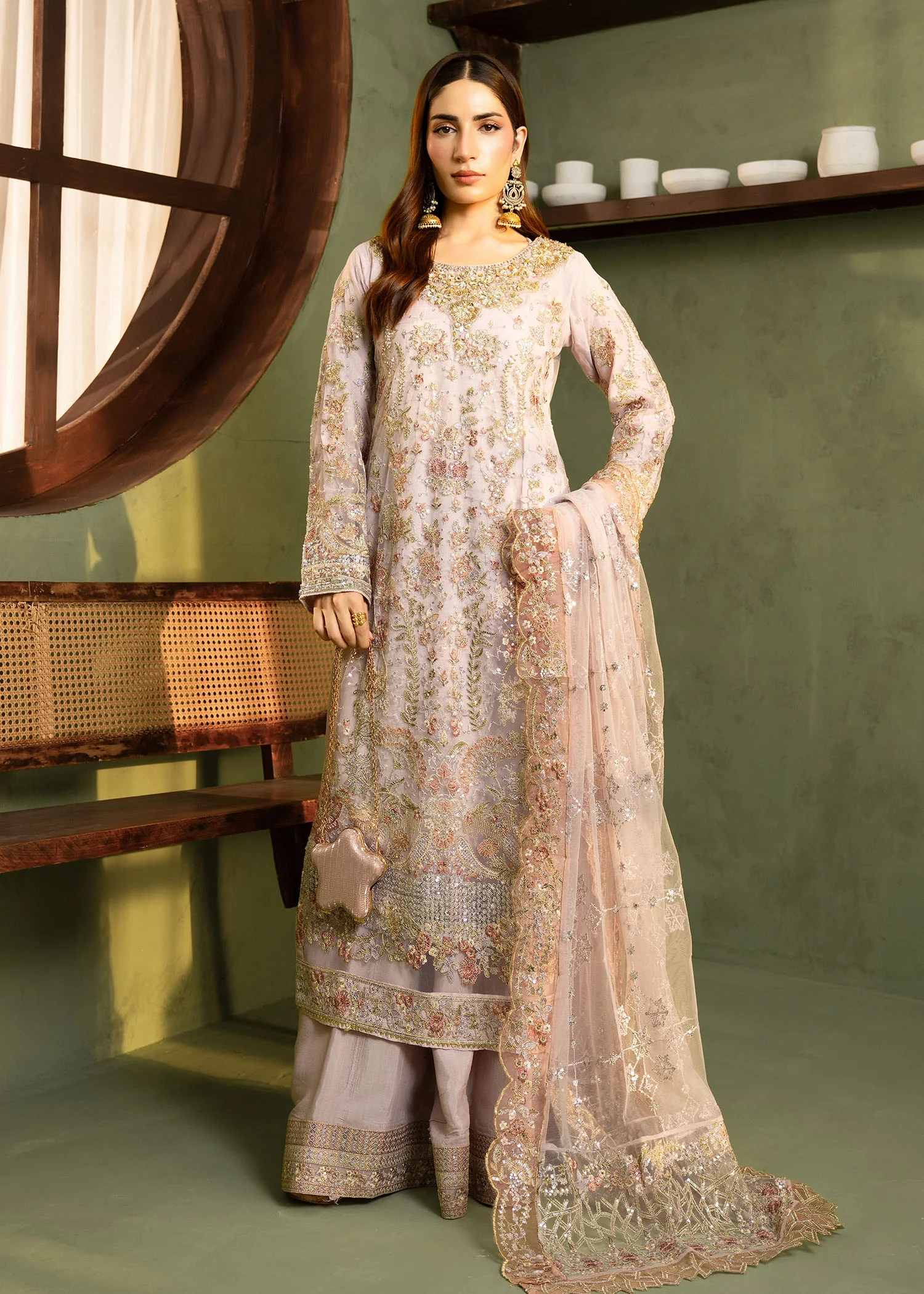 net Kurta Set in Lilac - view 2
