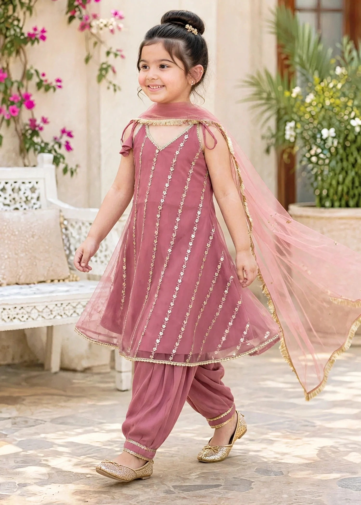 net Short Frock in Indian pink - view 5