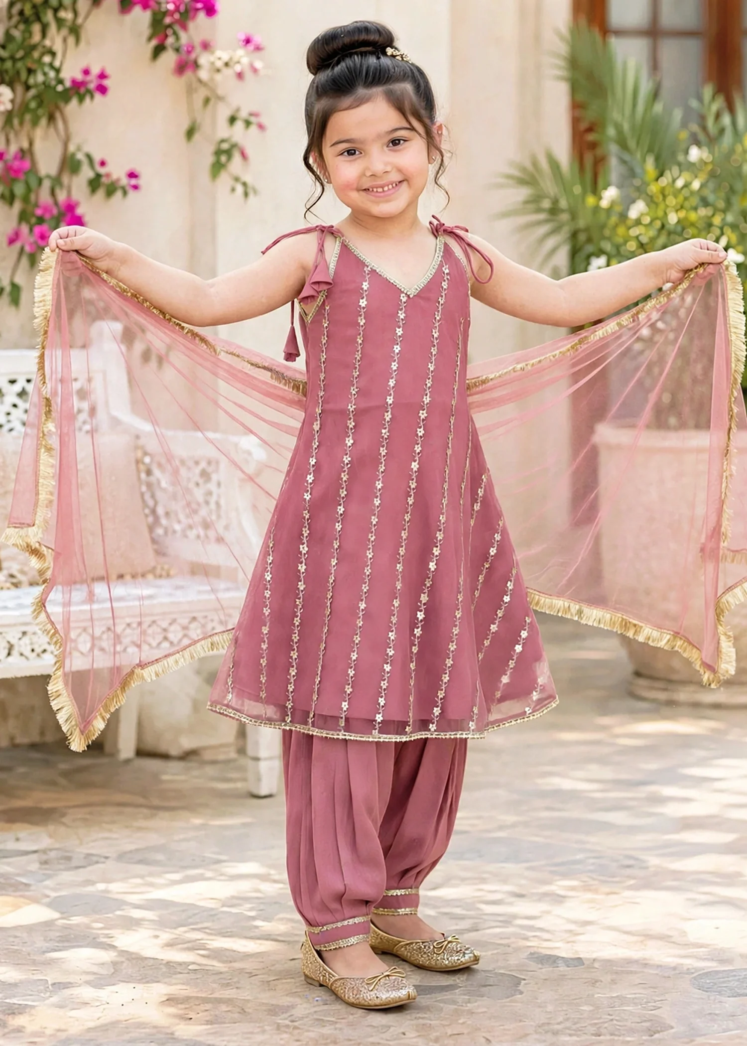 net Short Frock in Indian pink - view 3