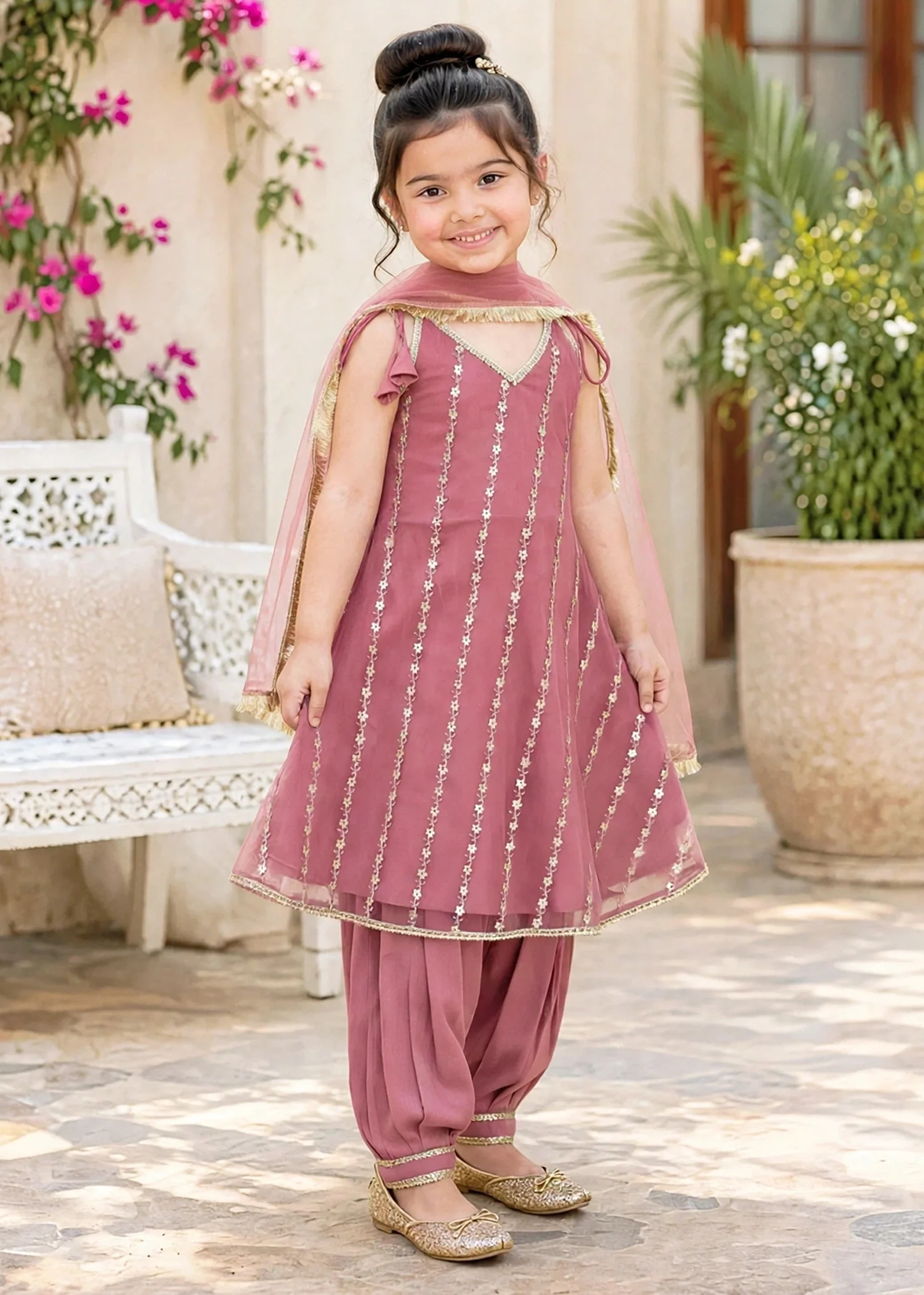 net Short Frock in Indian pink - view 2