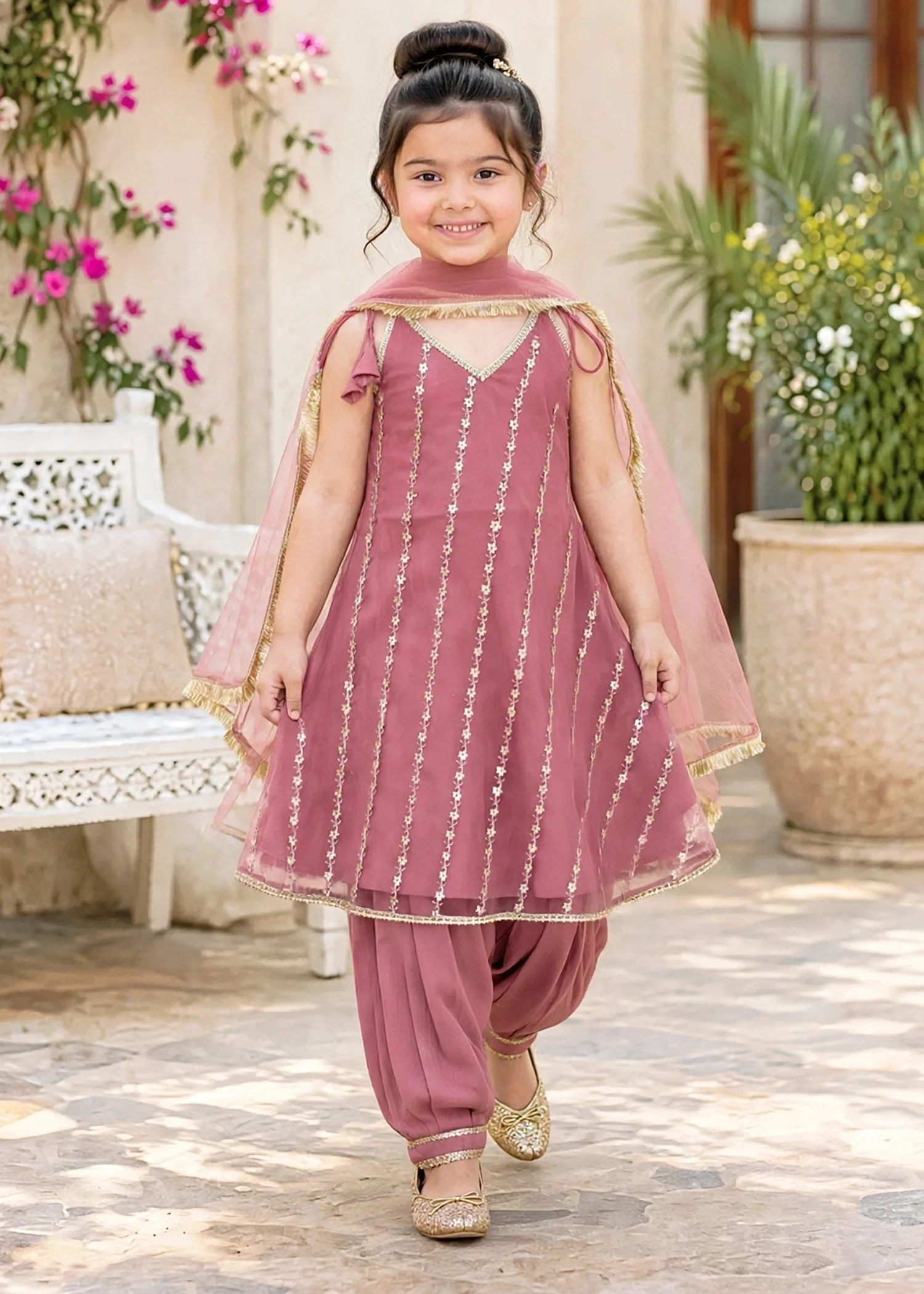 net Short Frock in Indian pink