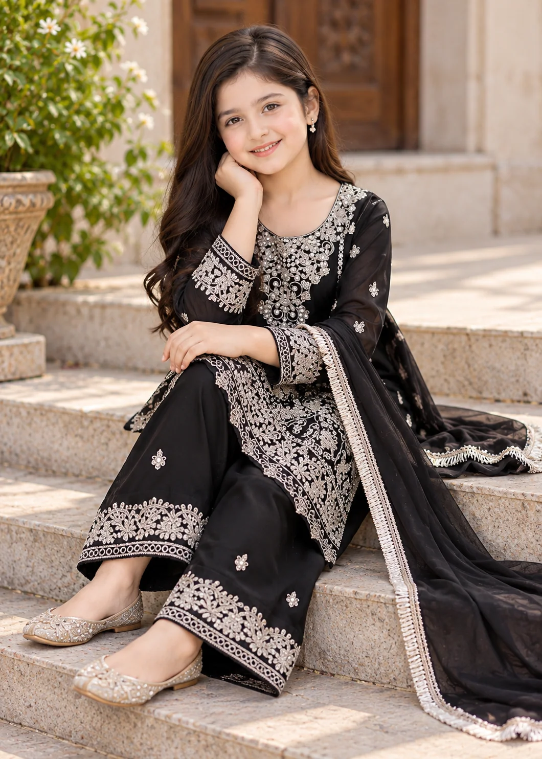 chiffon Kurta Set in Black - view 2