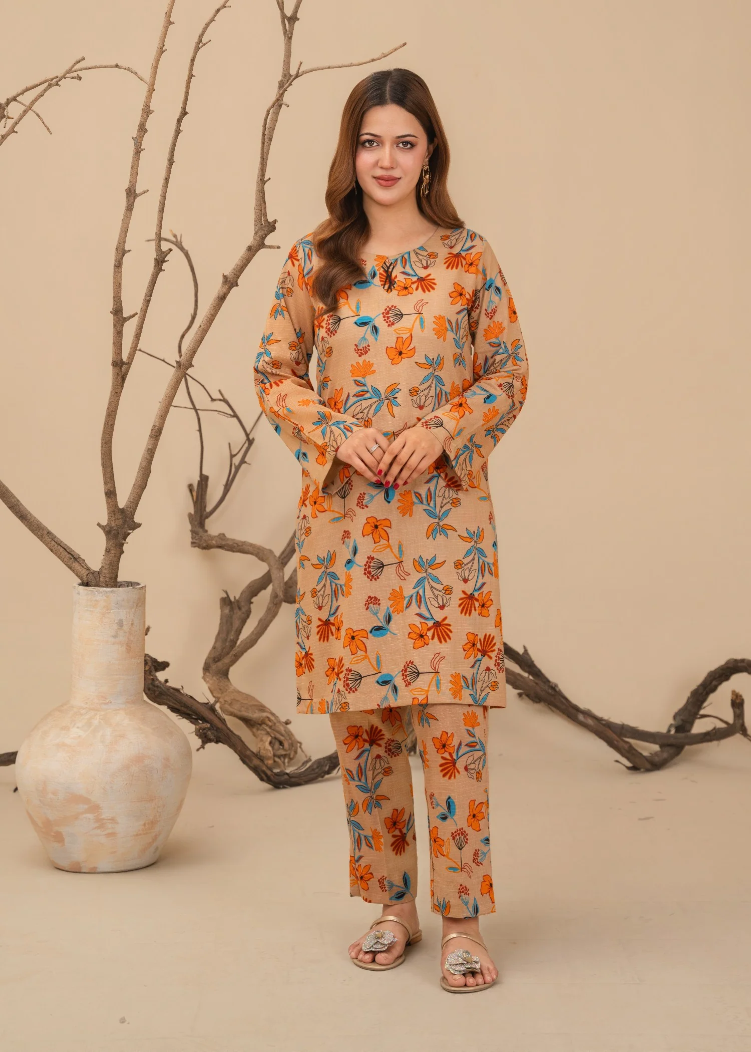 lawn Unstitched in Apricot orange