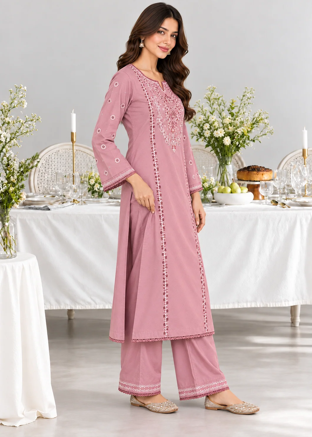 linen Kurta Set in Carnation pink - view 2