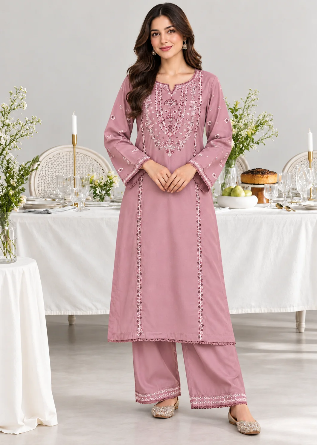 linen Kurta Set in Carnation pink