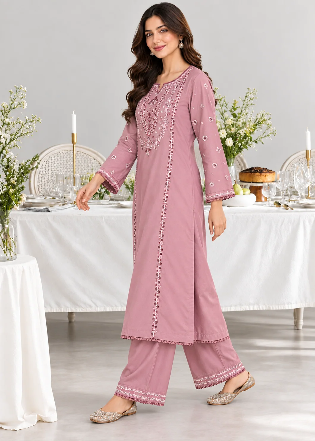 linen Kurta Set in Carnation pink - view 3