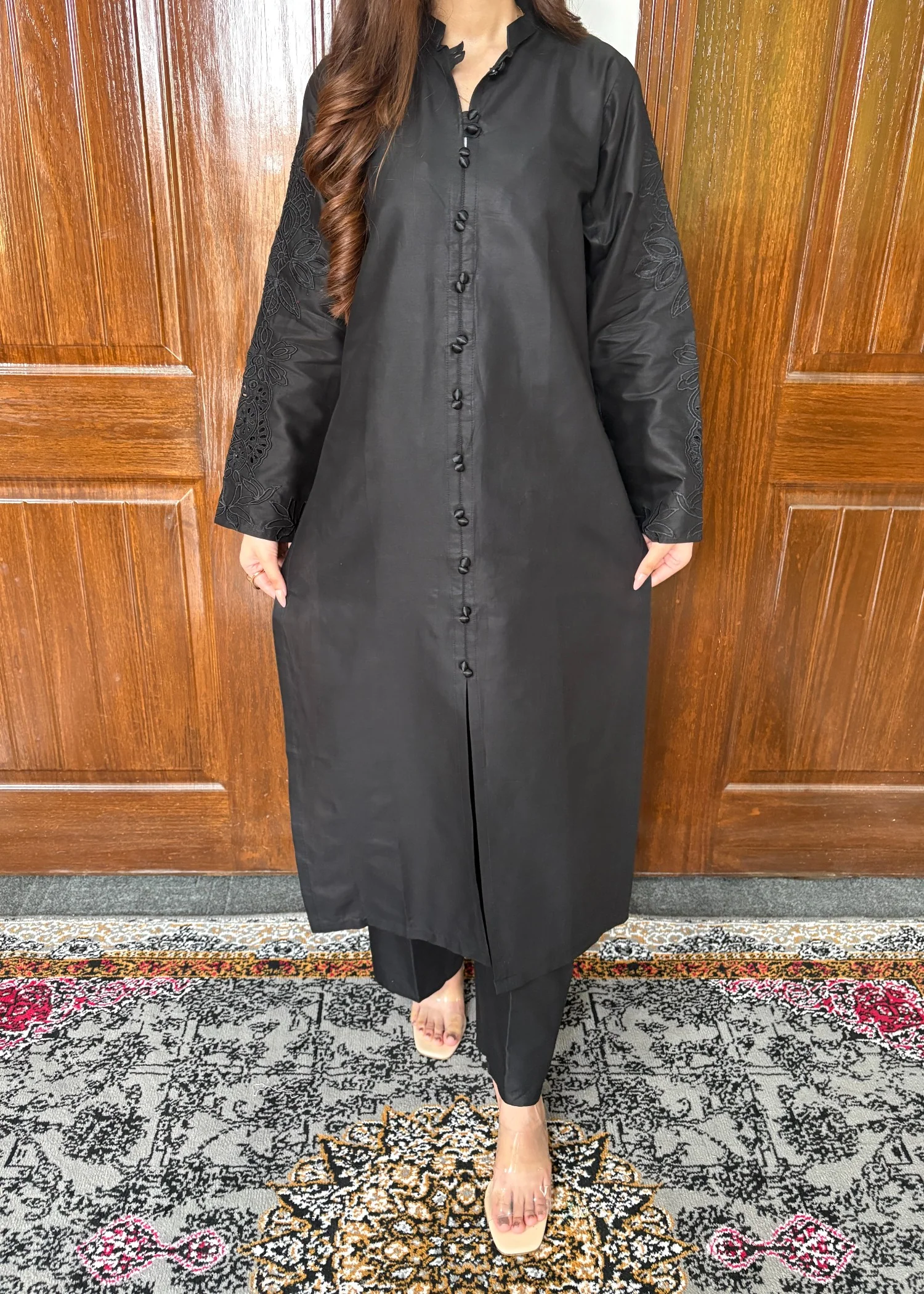 cotton Kurta Set in Black - view 5