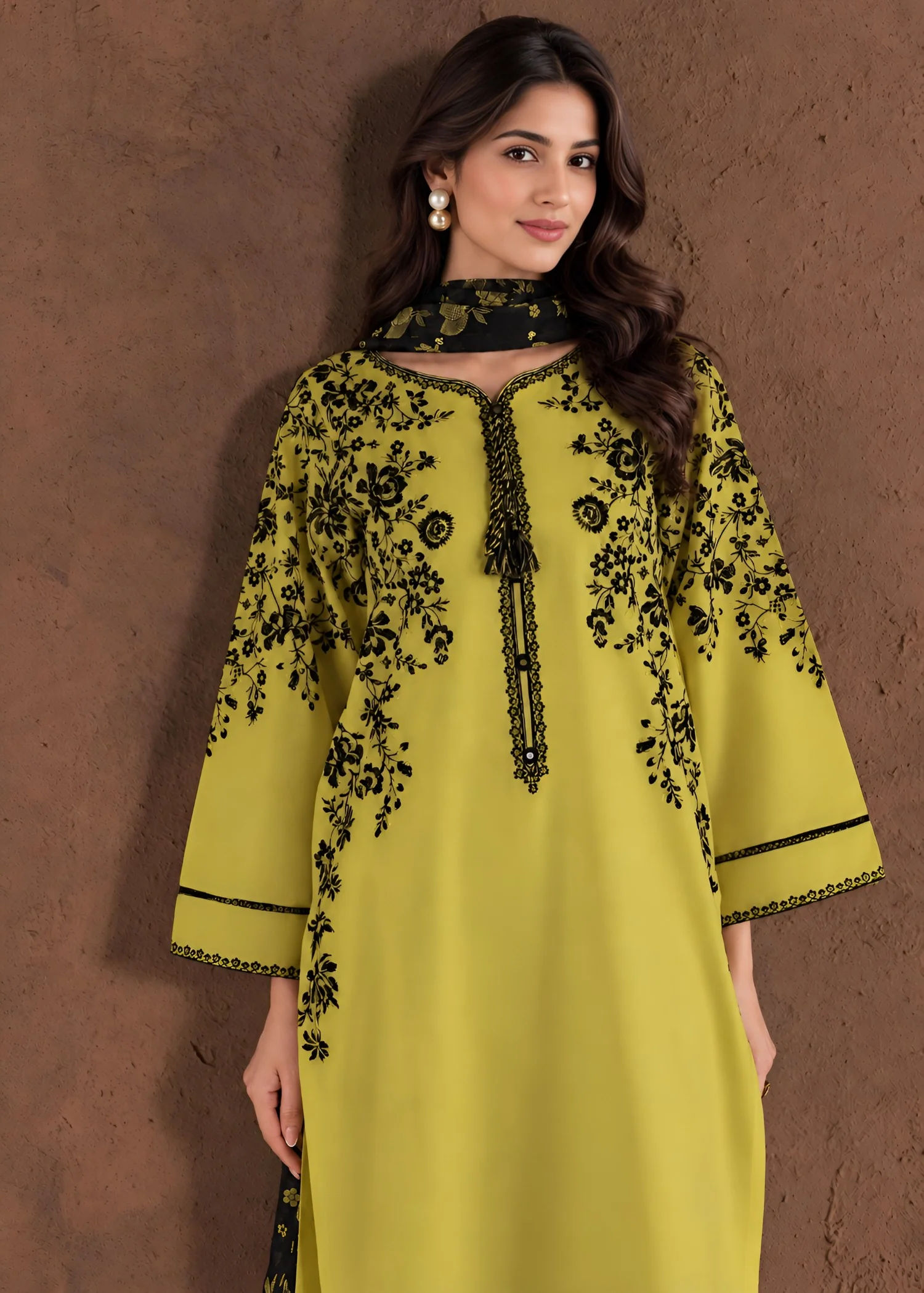 linen Kurta Set in Lime green - view 2