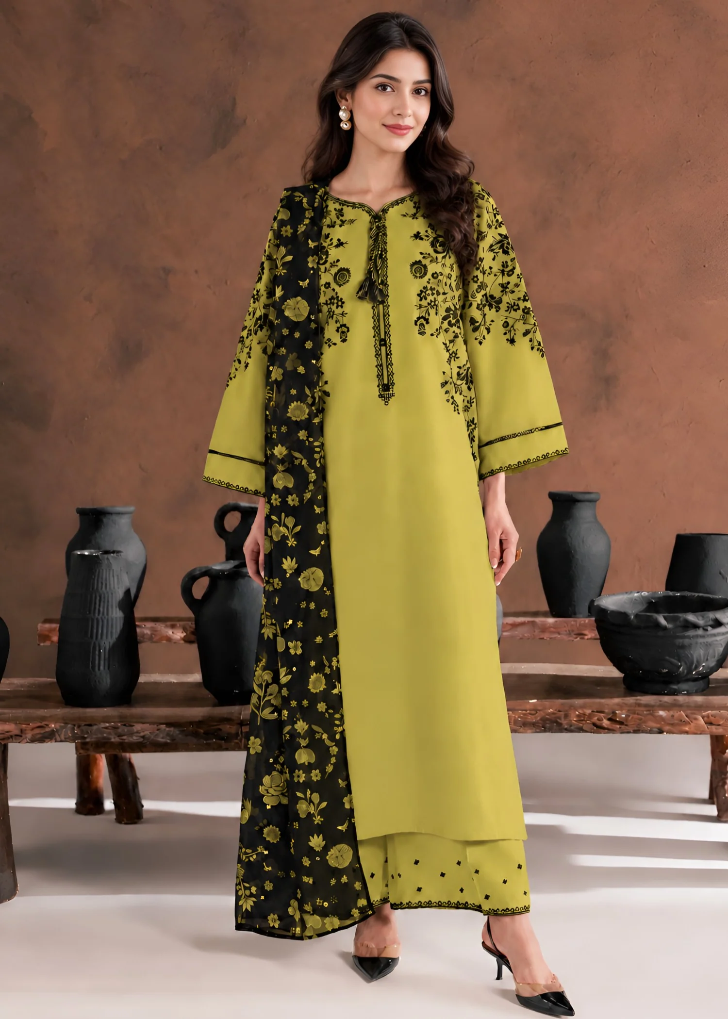 linen Kurta Set in Lime green
