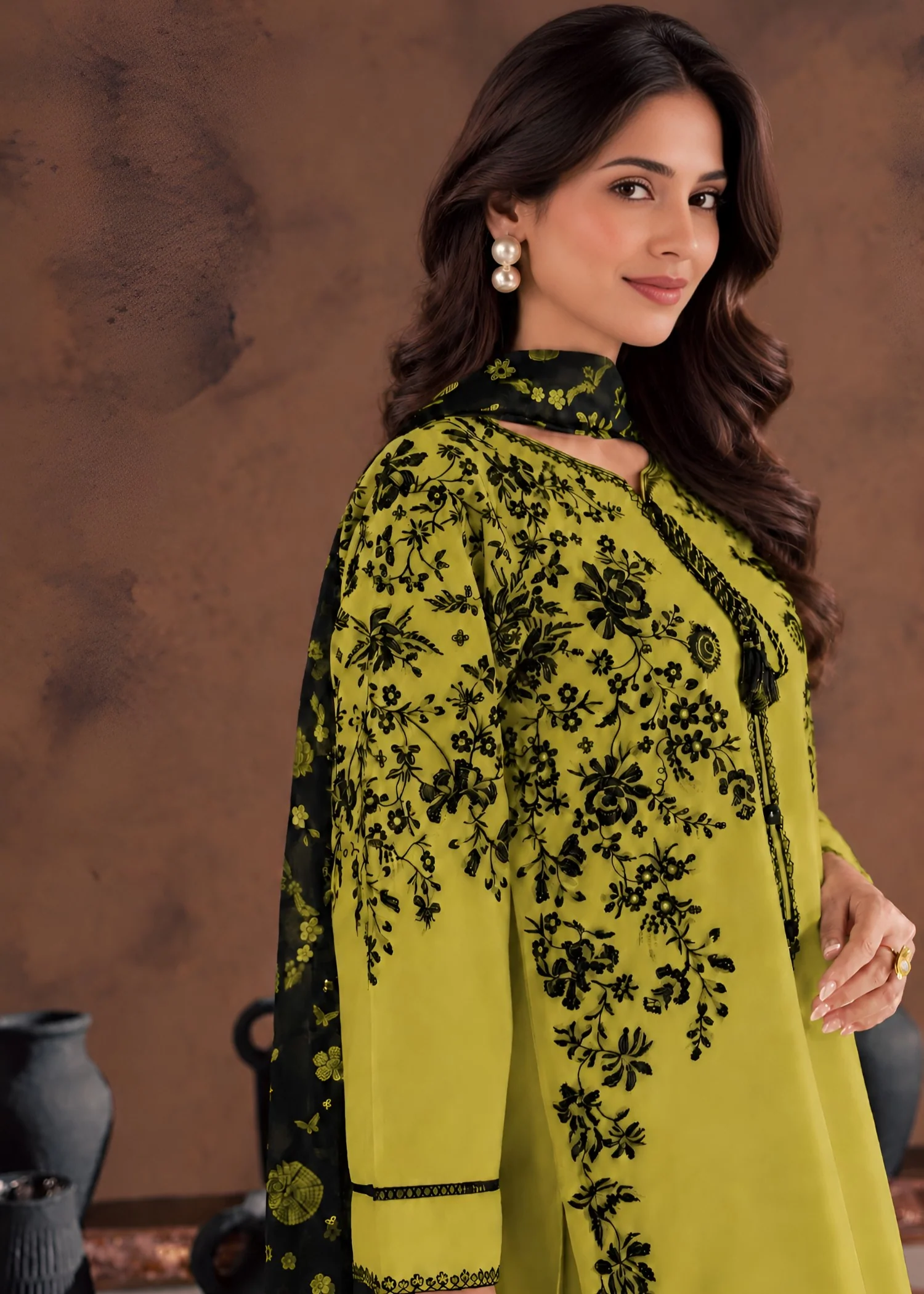 linen Kurta Set in Lime green - view 3