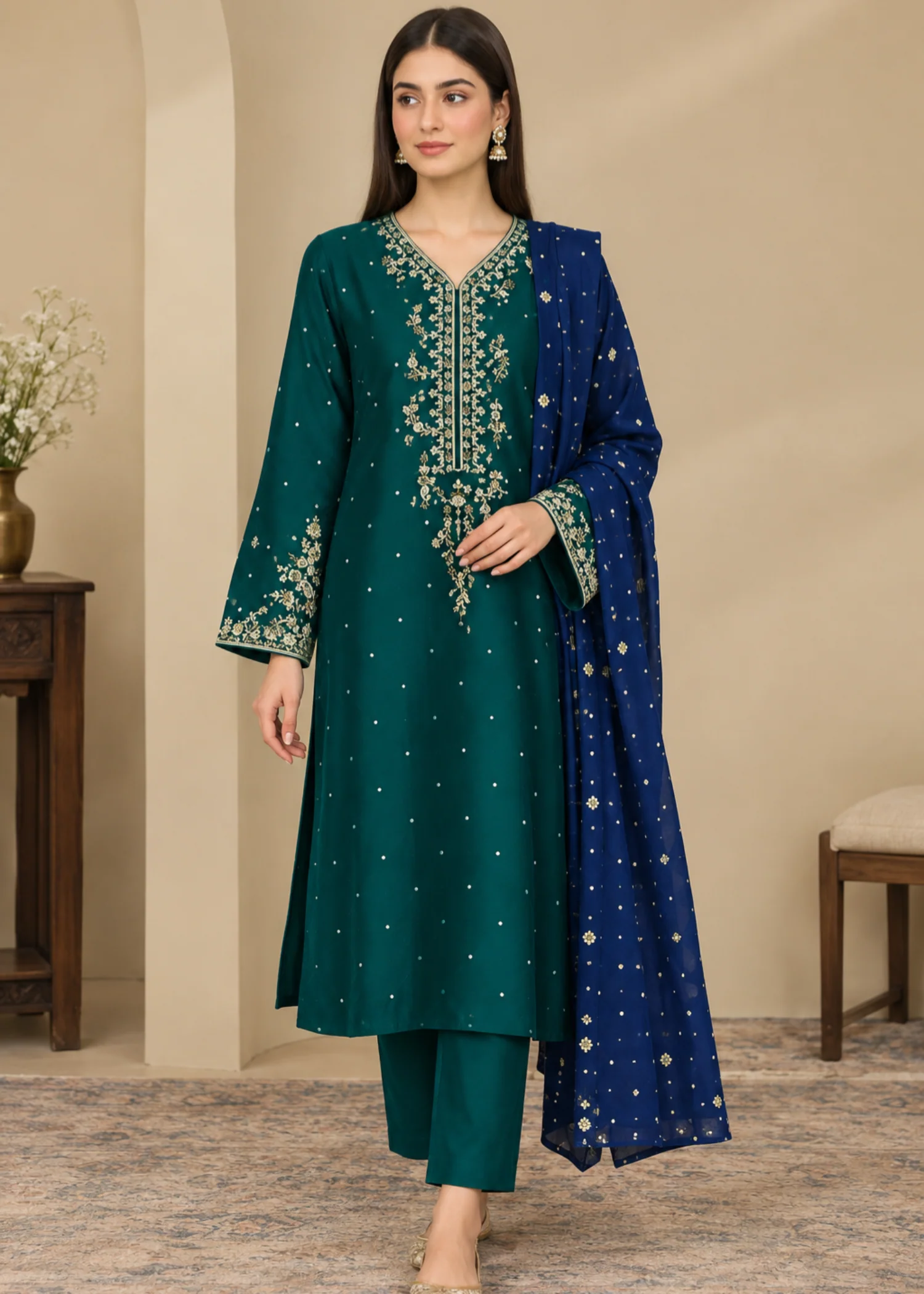 viscose Kurta Set in Teal - view 2
