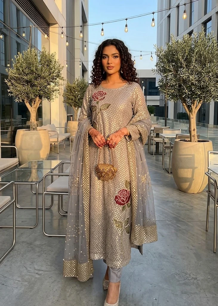 chiffon Kurta Set in Ash grey