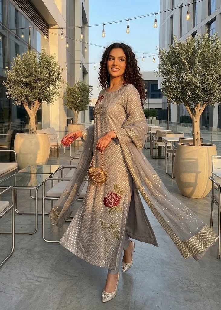chiffon Kurta Set in Ash grey - view 2