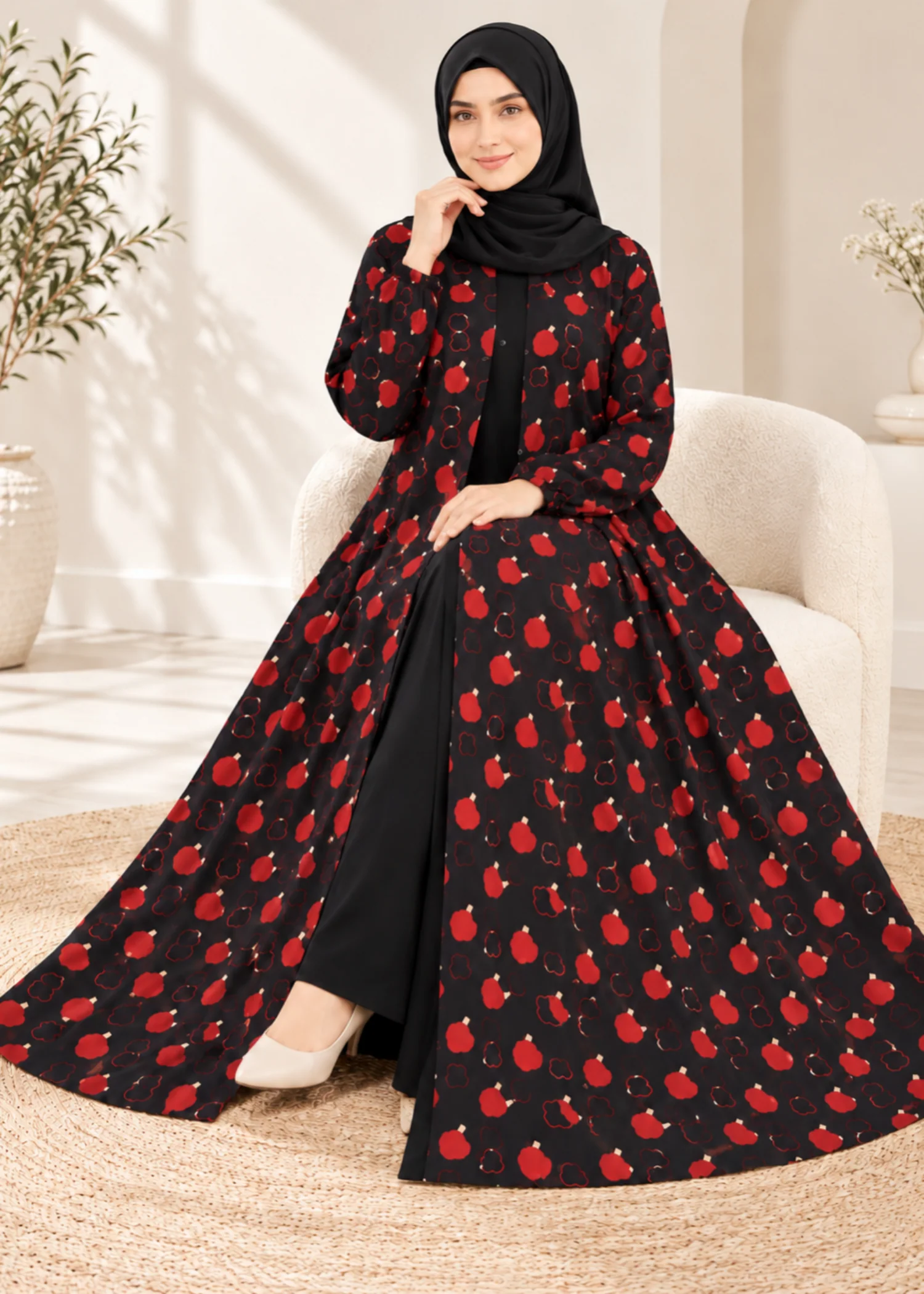 crepe georgette Abaya in Black, red - view 3
