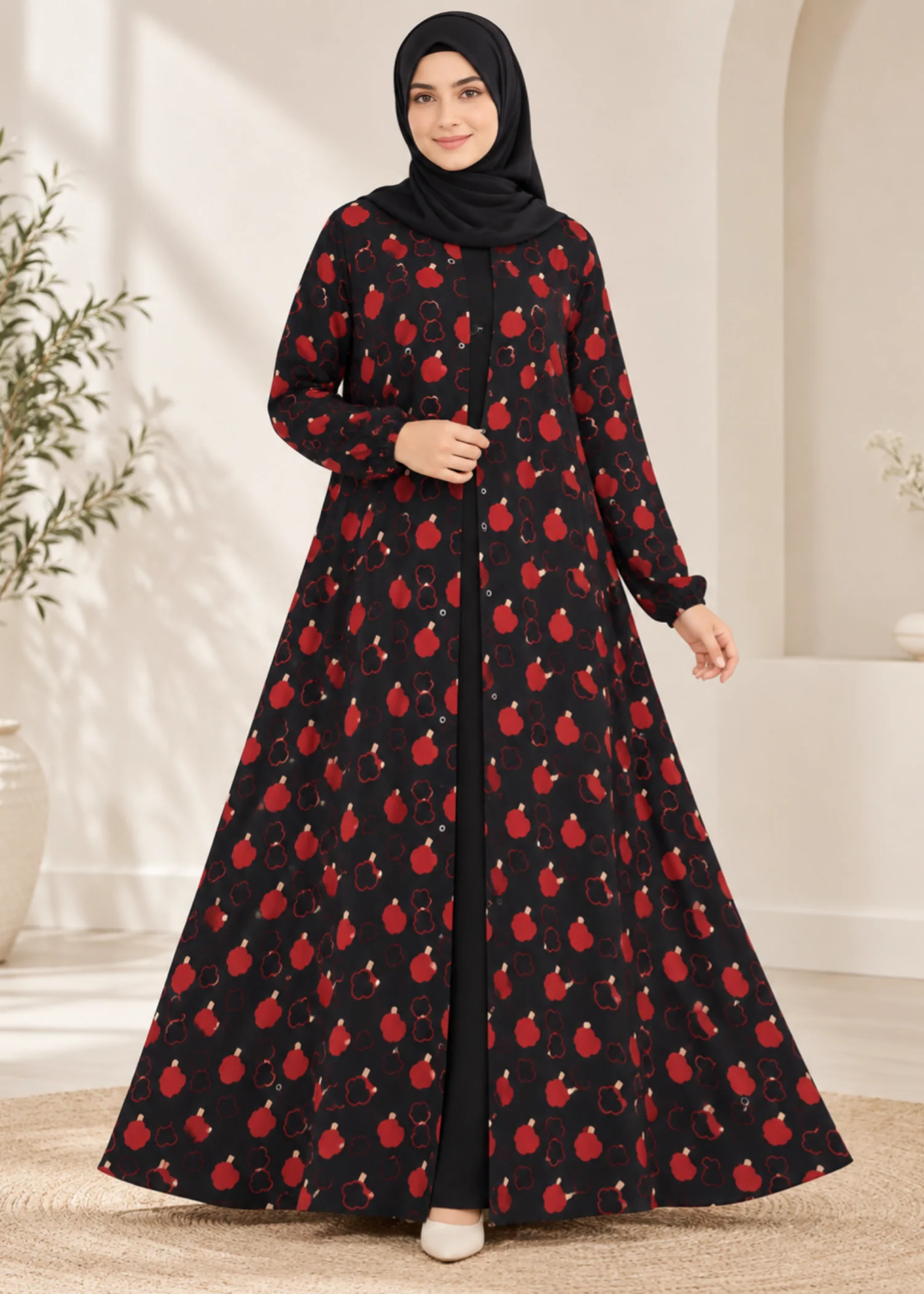 crepe georgette Abaya in Black, red