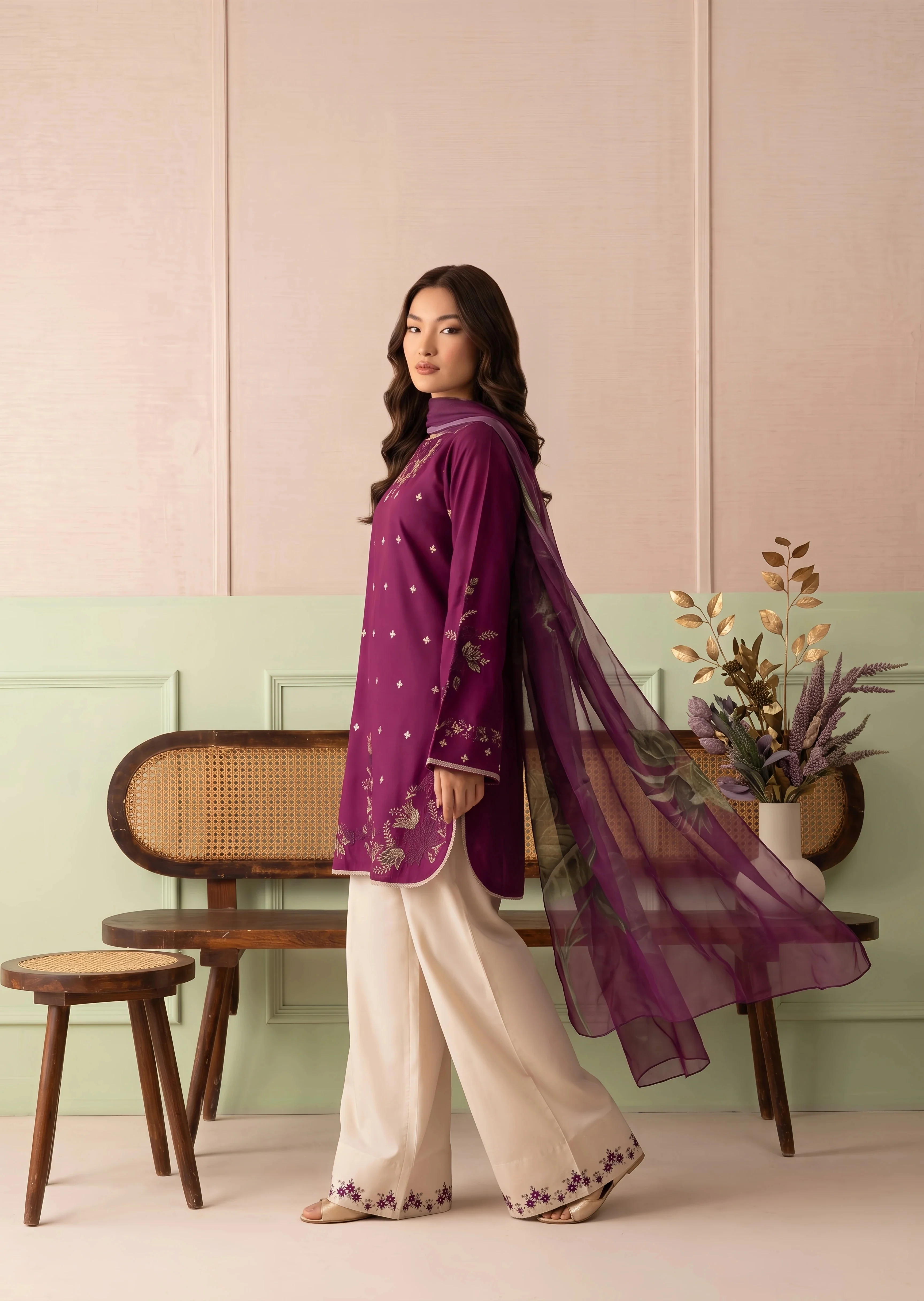 linen Kurta Set in Plum - view 2