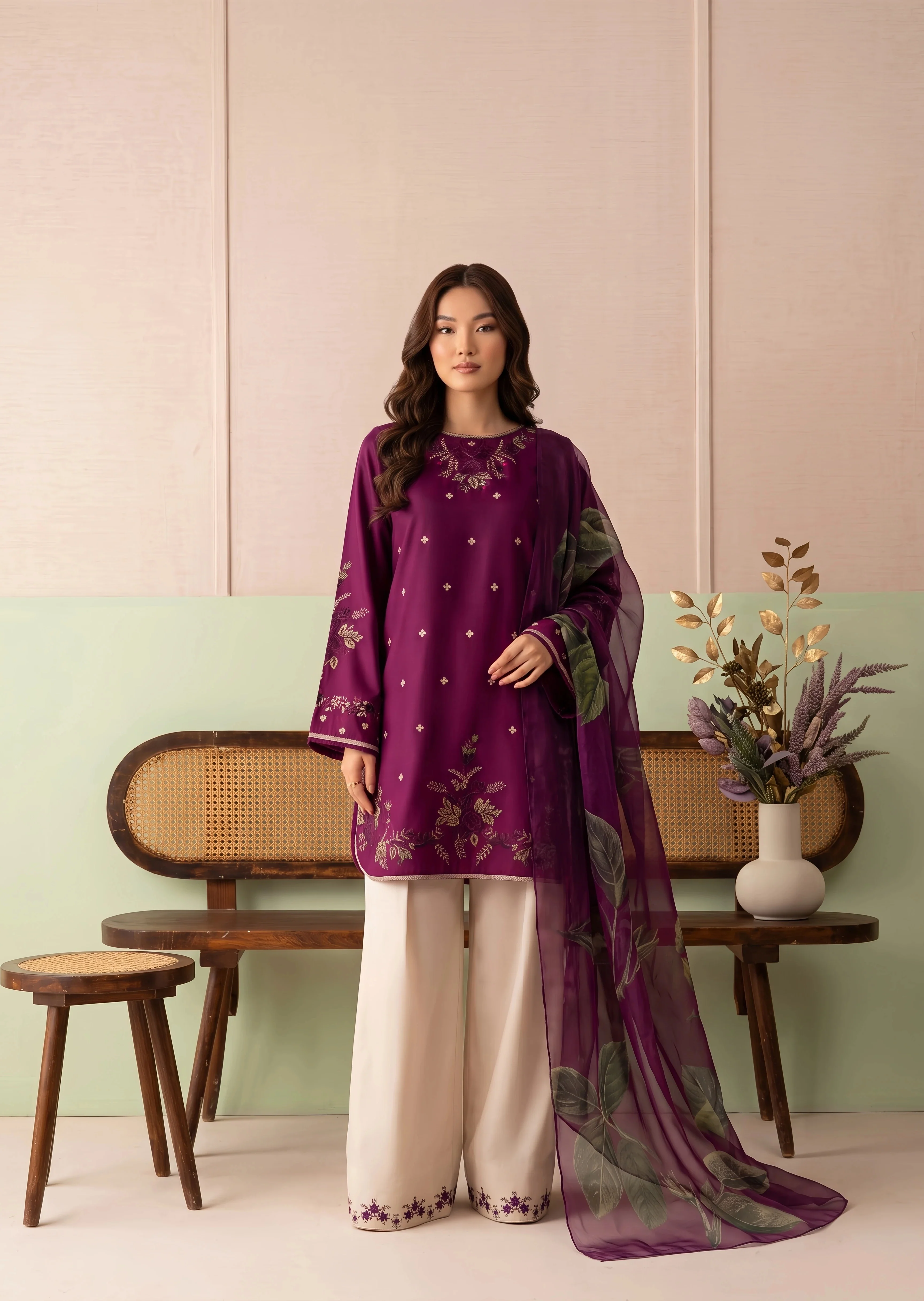 linen Kurta Set in Plum