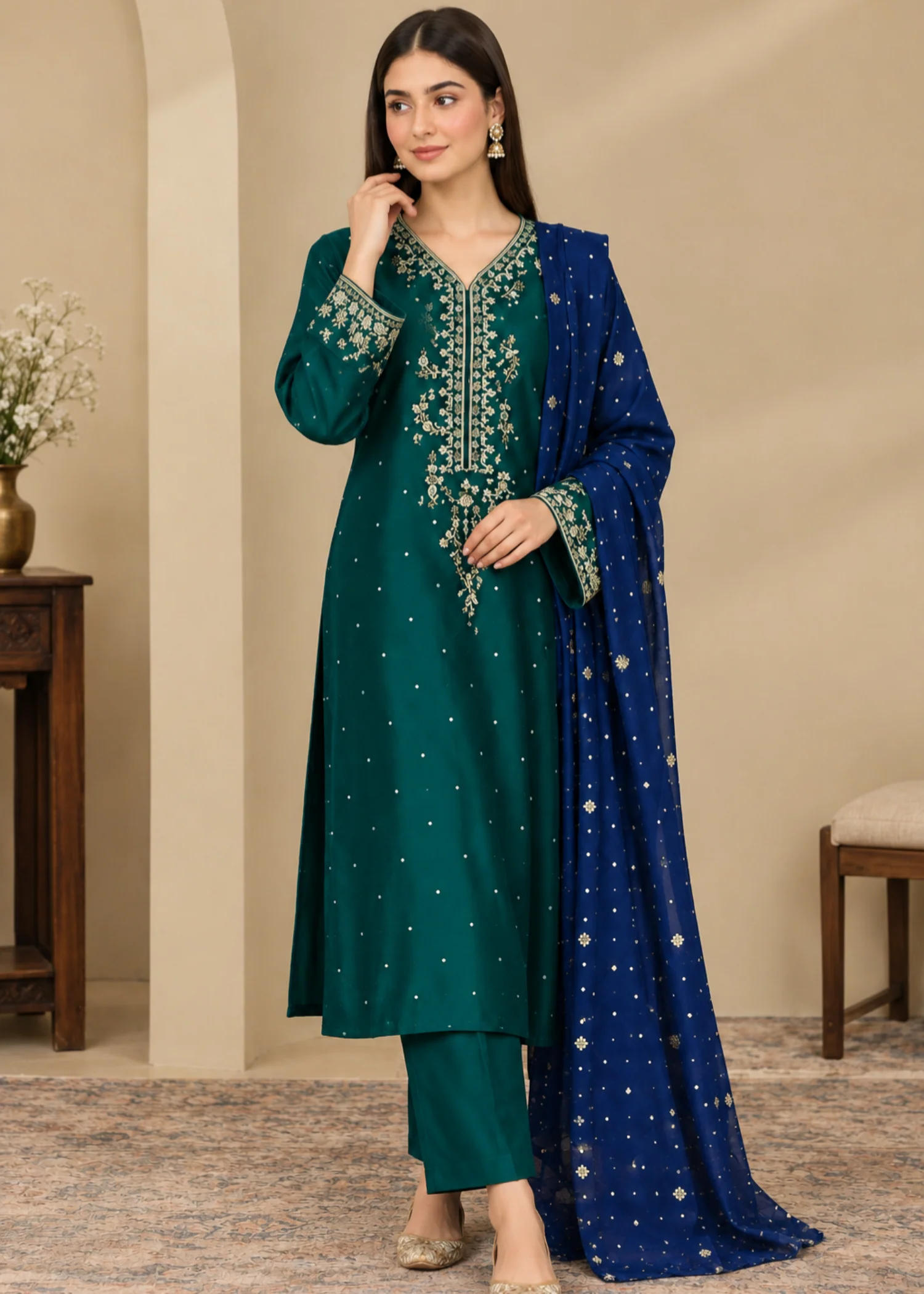 viscose Kurta Set in Teal - view 3