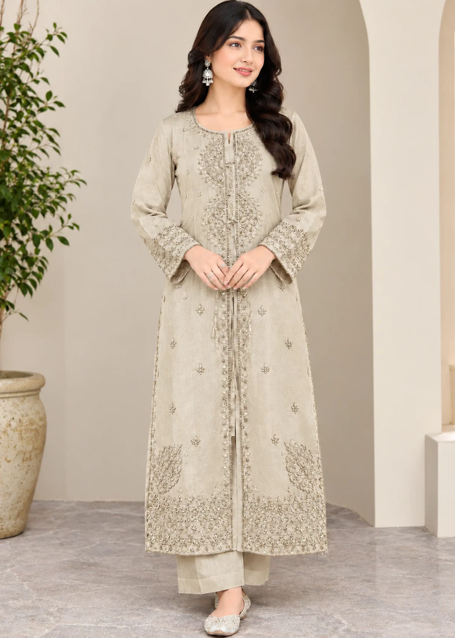 cotton linen Kurta Set in Beige - view 3
