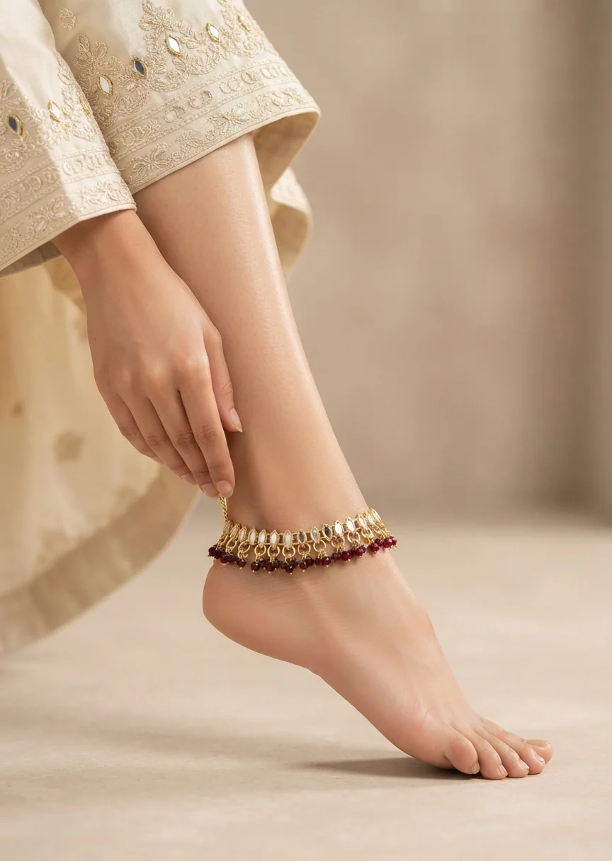 Anklet in Blood red, gold Color by - Trendy Women Anklet GTI5716 - view 3