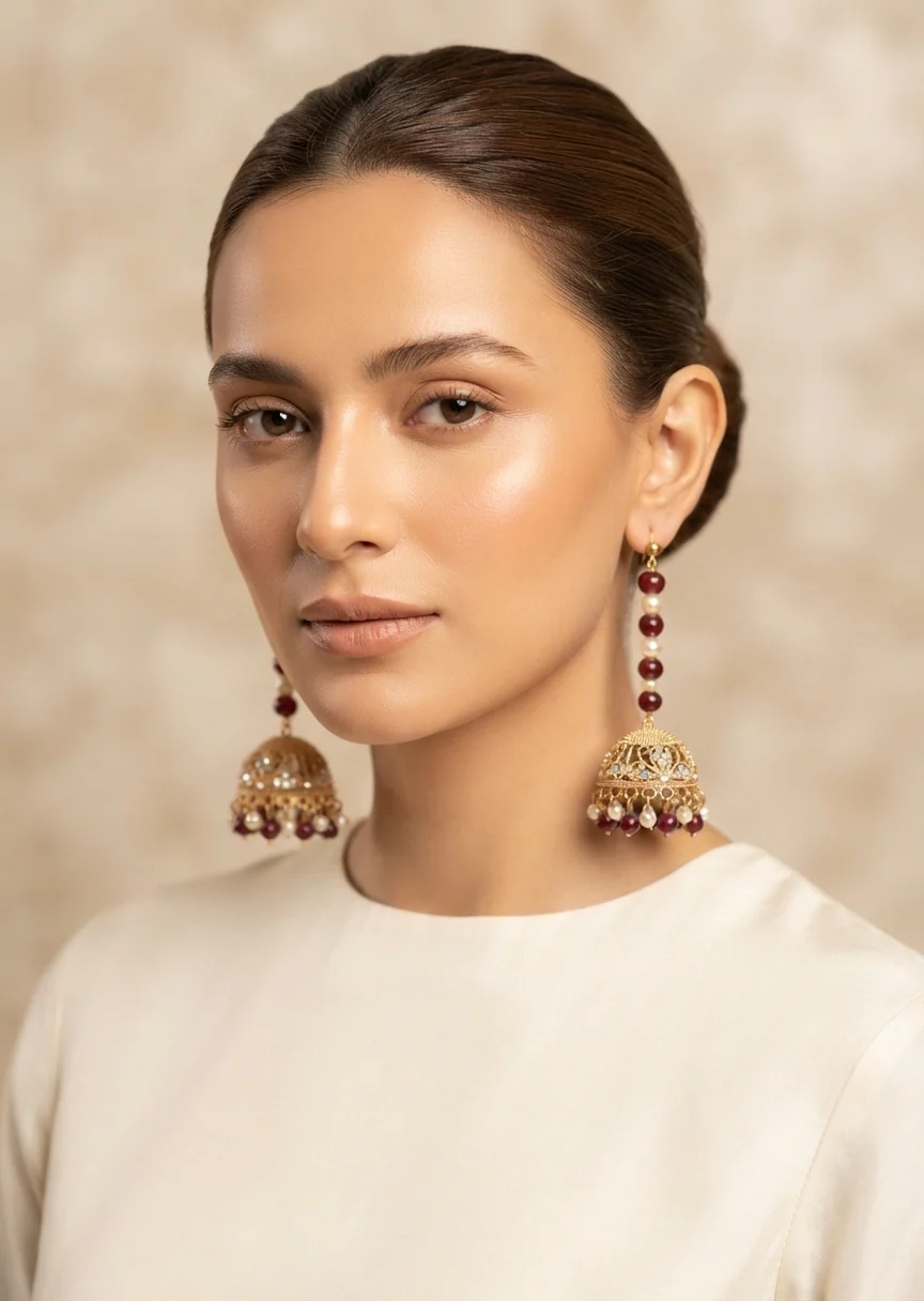 Earrings in Blood red, gold Color by - Trendy Women Earrings OUB4389 - view 3