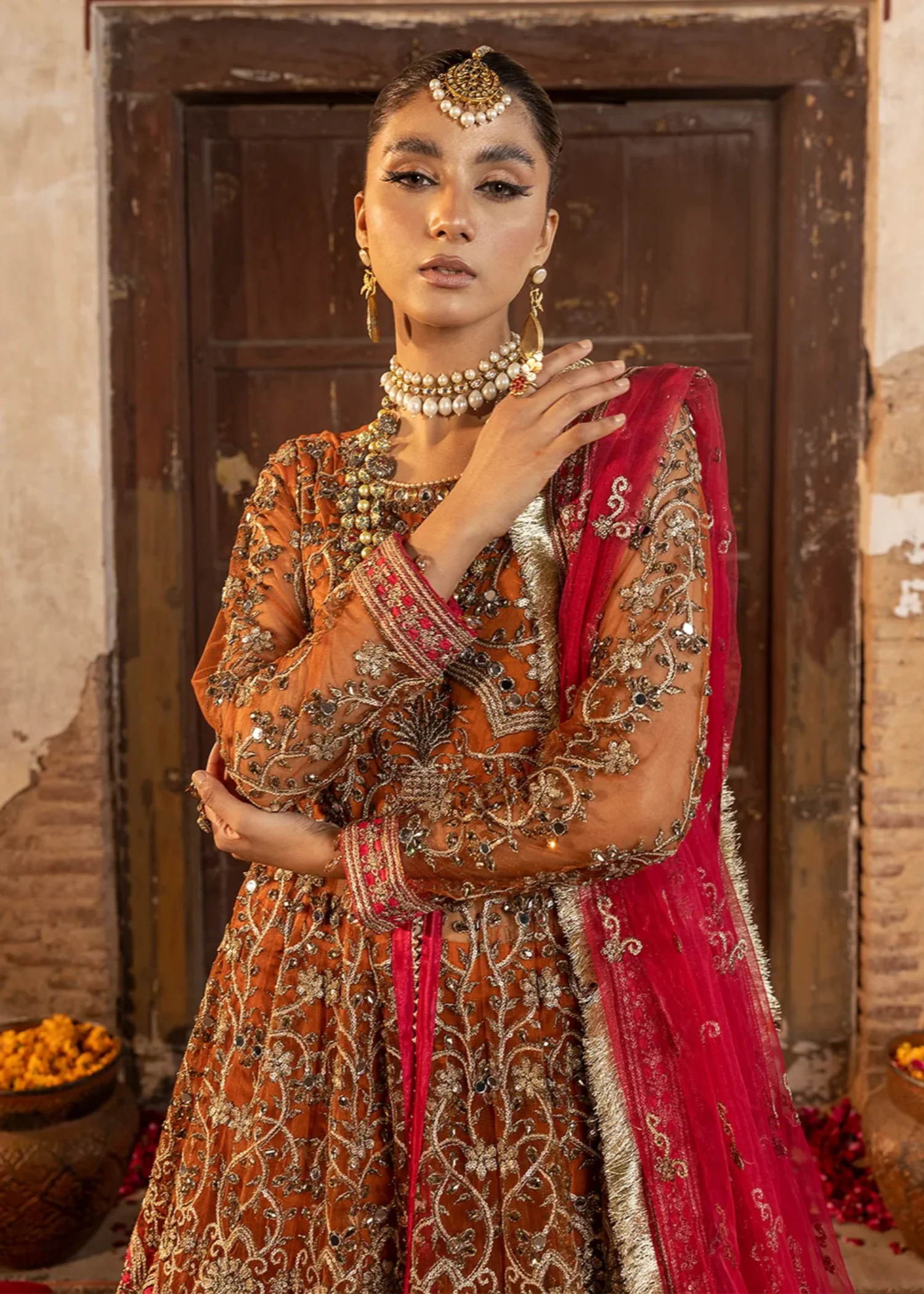 net Lehenga in Orange - view 3