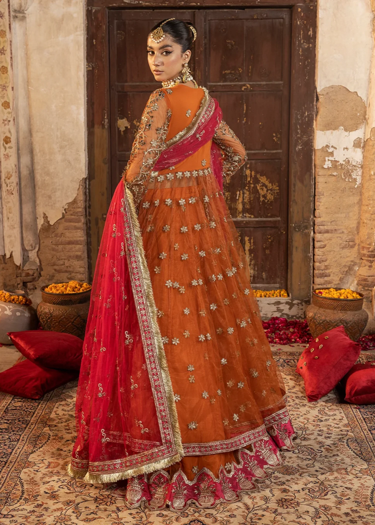 net Lehenga in Orange - view 7