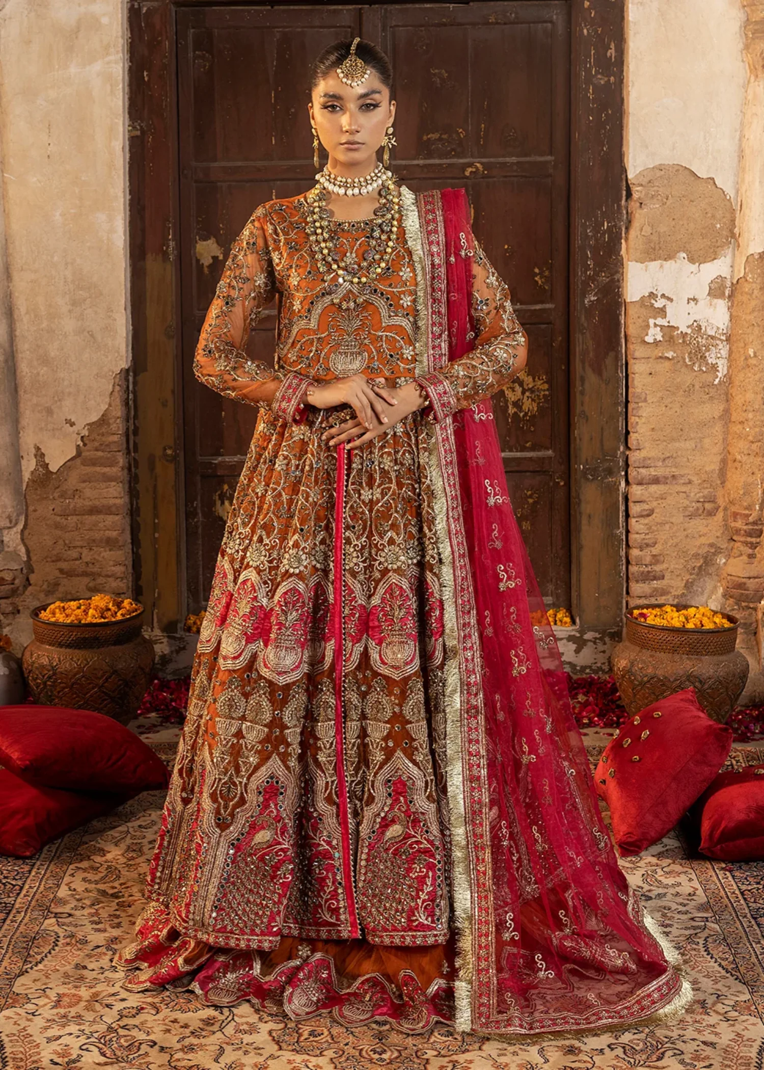 net Lehenga in Orange