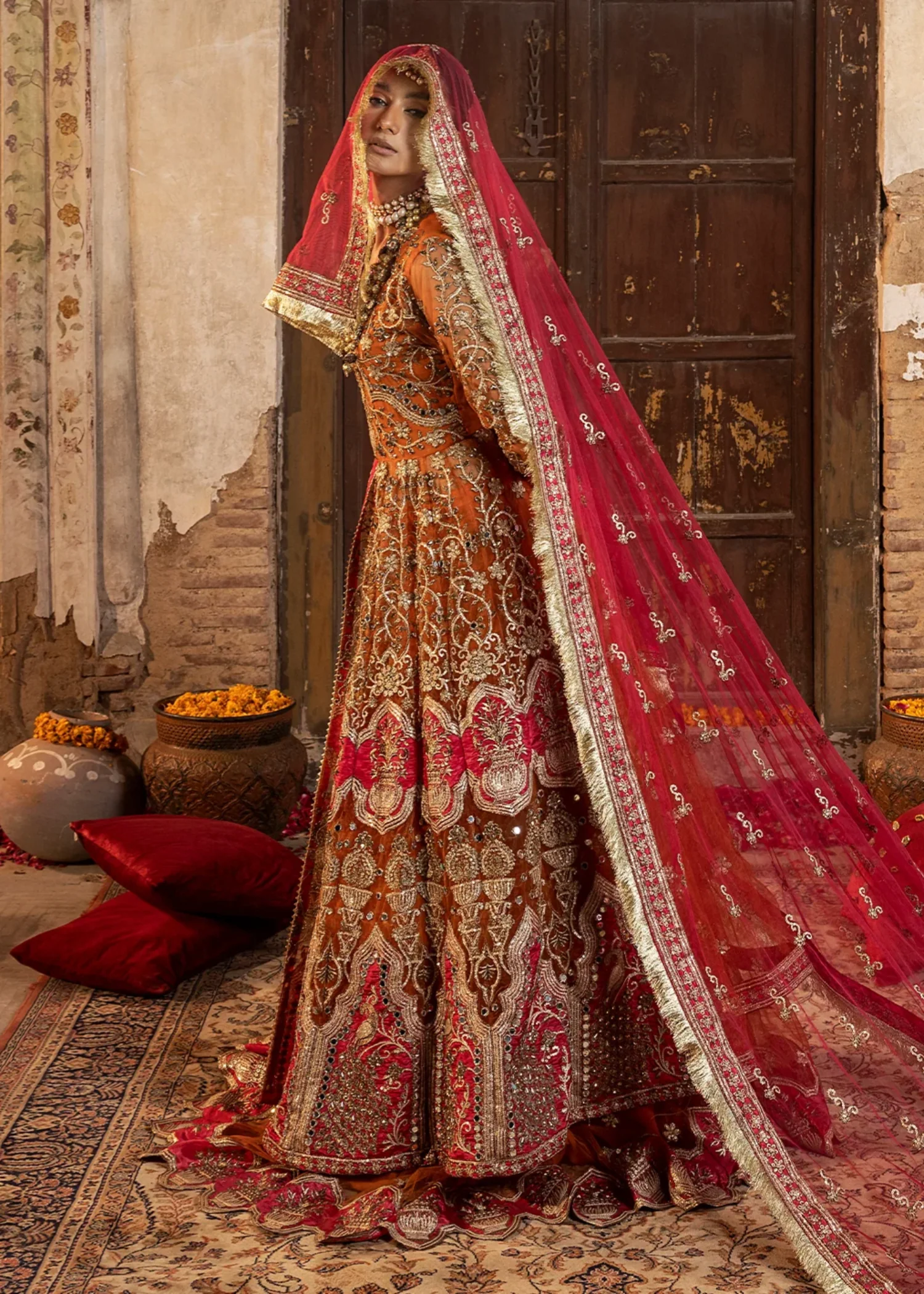 net Lehenga in Orange - view 4