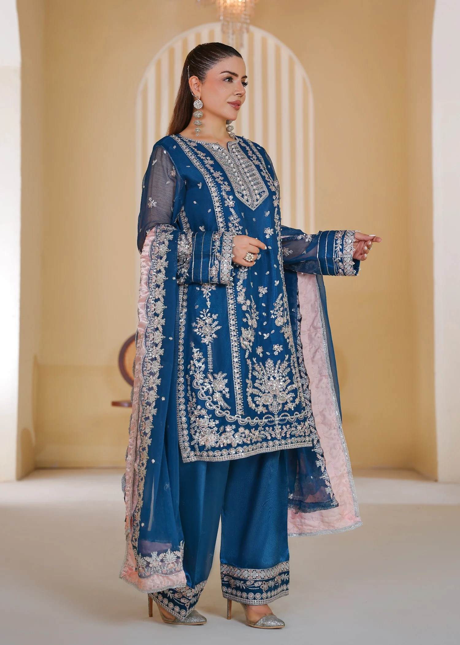 organza Kurta Set in Blue - view 3