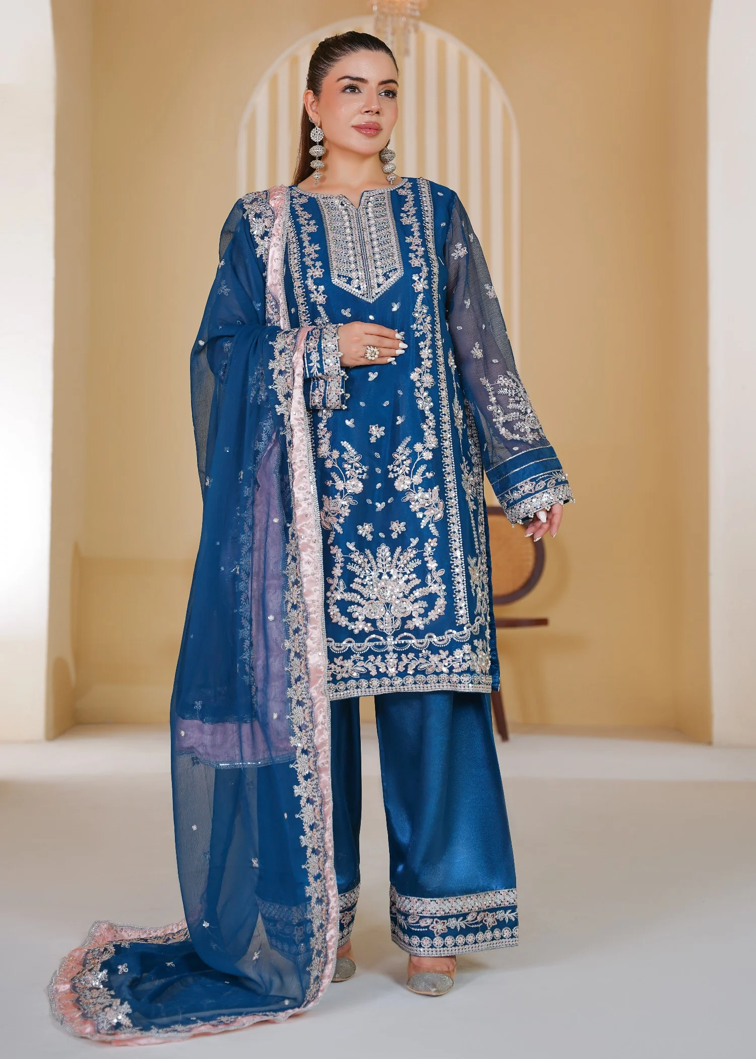 organza Kurta Set in Blue - view 2