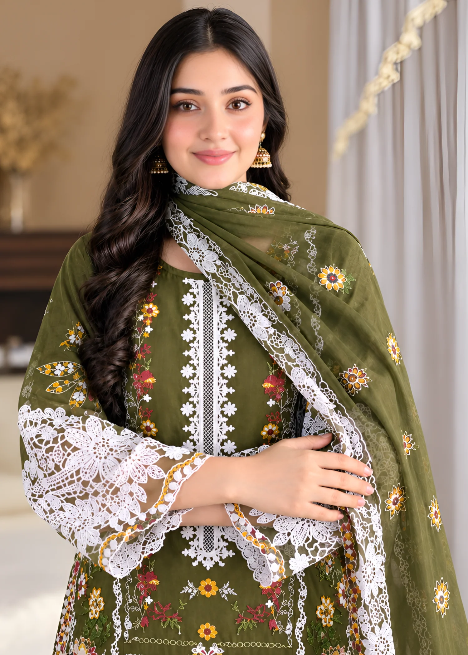 cotton linen Kurta Set in Olive green - view 3