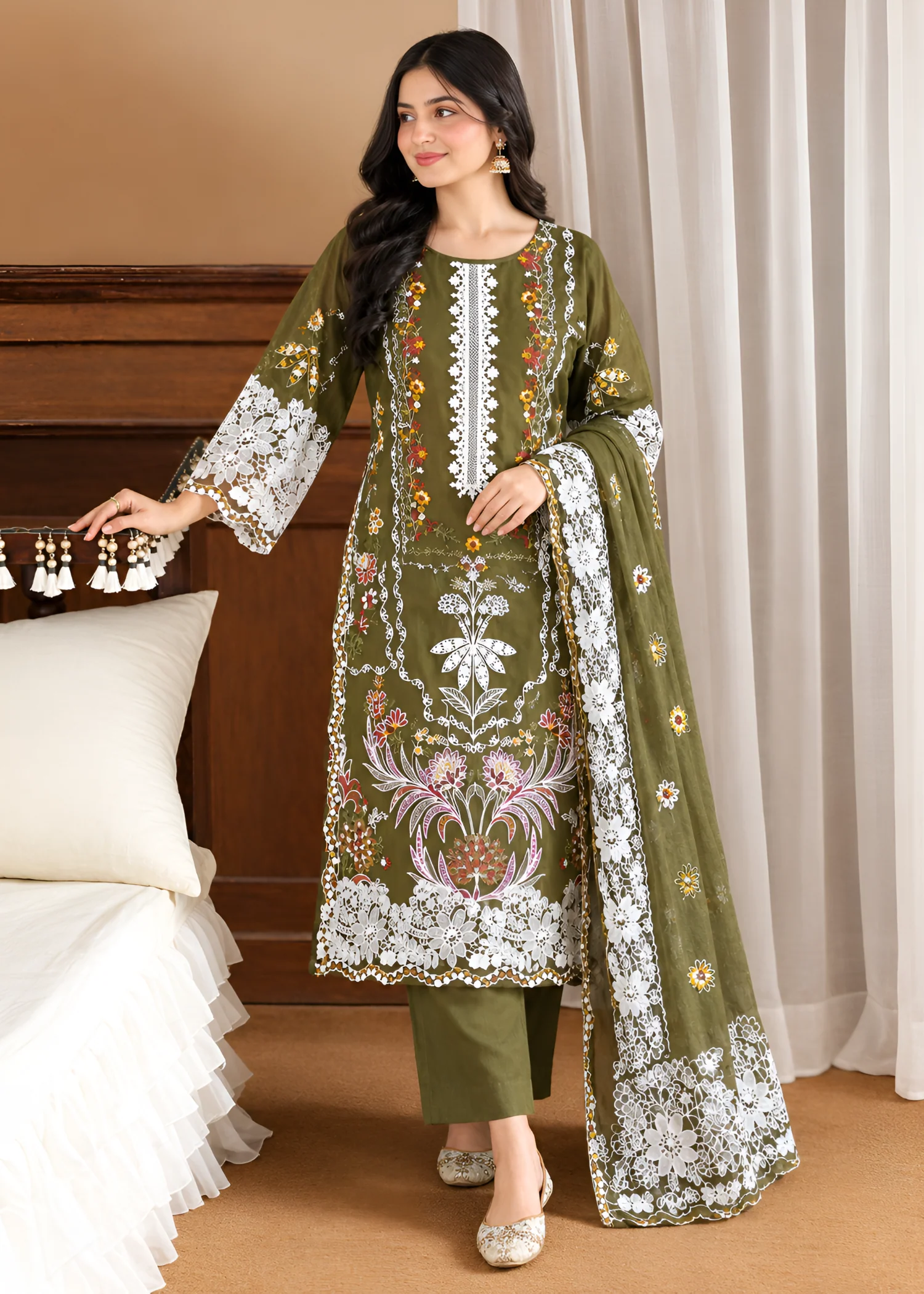 cotton linen Kurta Set in Olive green - view 2